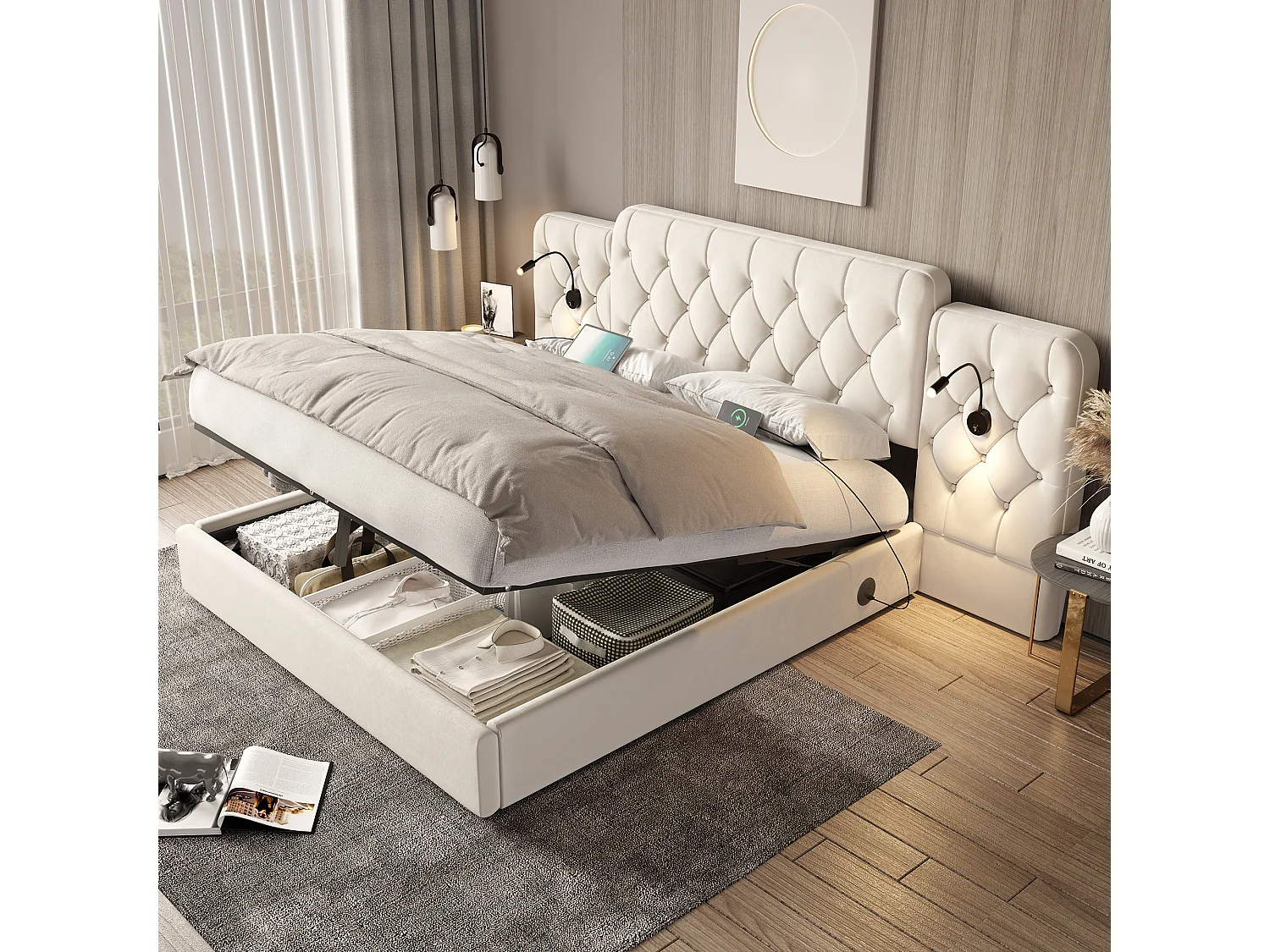 Bett mit Stauraum 160x200 cm – Erwachsenenbett mit Leselampe und USB-Anschlüssen – beiger Samt – ohne Matratze
