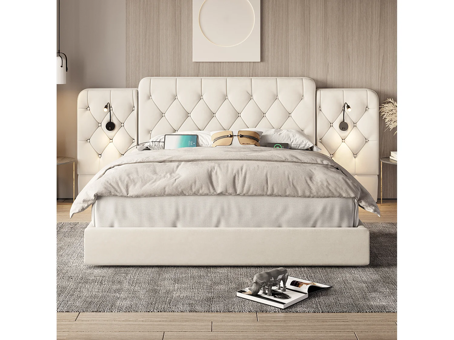 Bett mit Stauraum 160x200 cm – Erwachsenenbett mit Leselampe und USB-Anschlüssen – beiger Samt – ohne Matratze