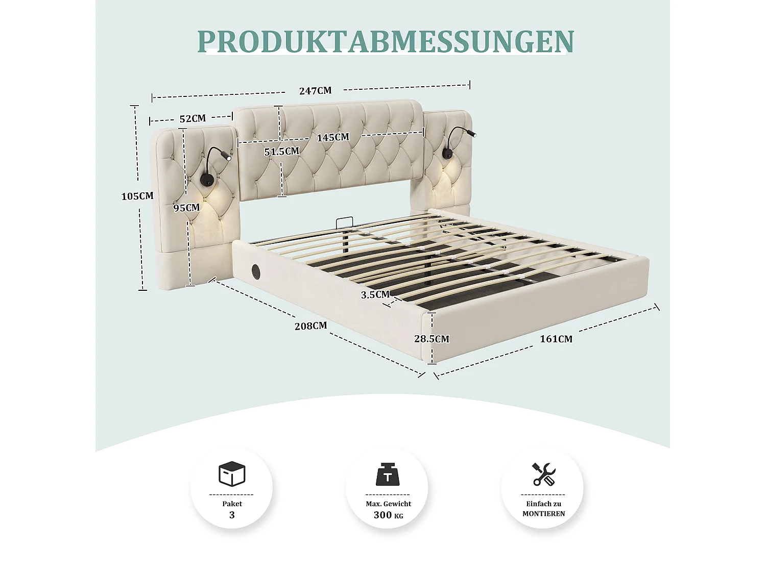 Bett mit Stauraum 160x200 cm – Erwachsenenbett mit Leselampe und USB-Anschlüssen – beiger Samt – ohne Matratze