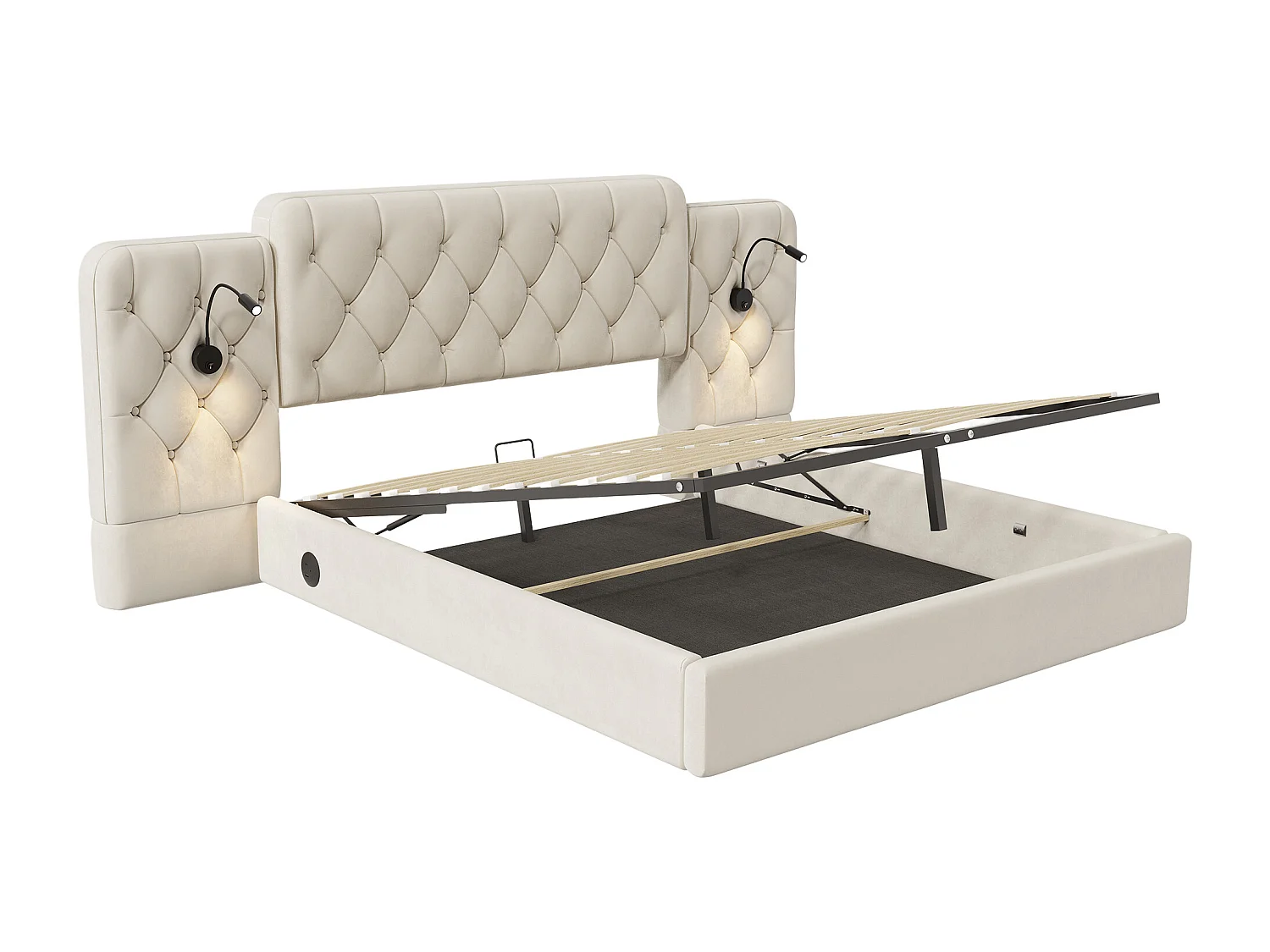 Bett mit Stauraum 160x200 cm – Erwachsenenbett mit Leselampe und USB-Anschlüssen – beiger Samt – ohne Matratze