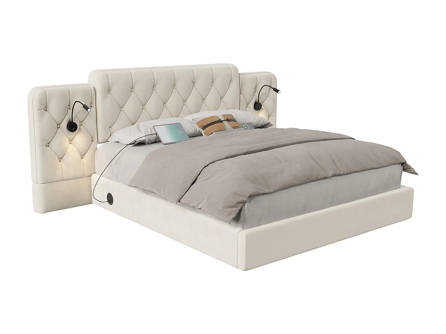Bett mit Stauraum 160x200 cm – Erwachsenenbett mit Leselampe und USB-Anschlüssen – beiger Samt – ohne Matratze