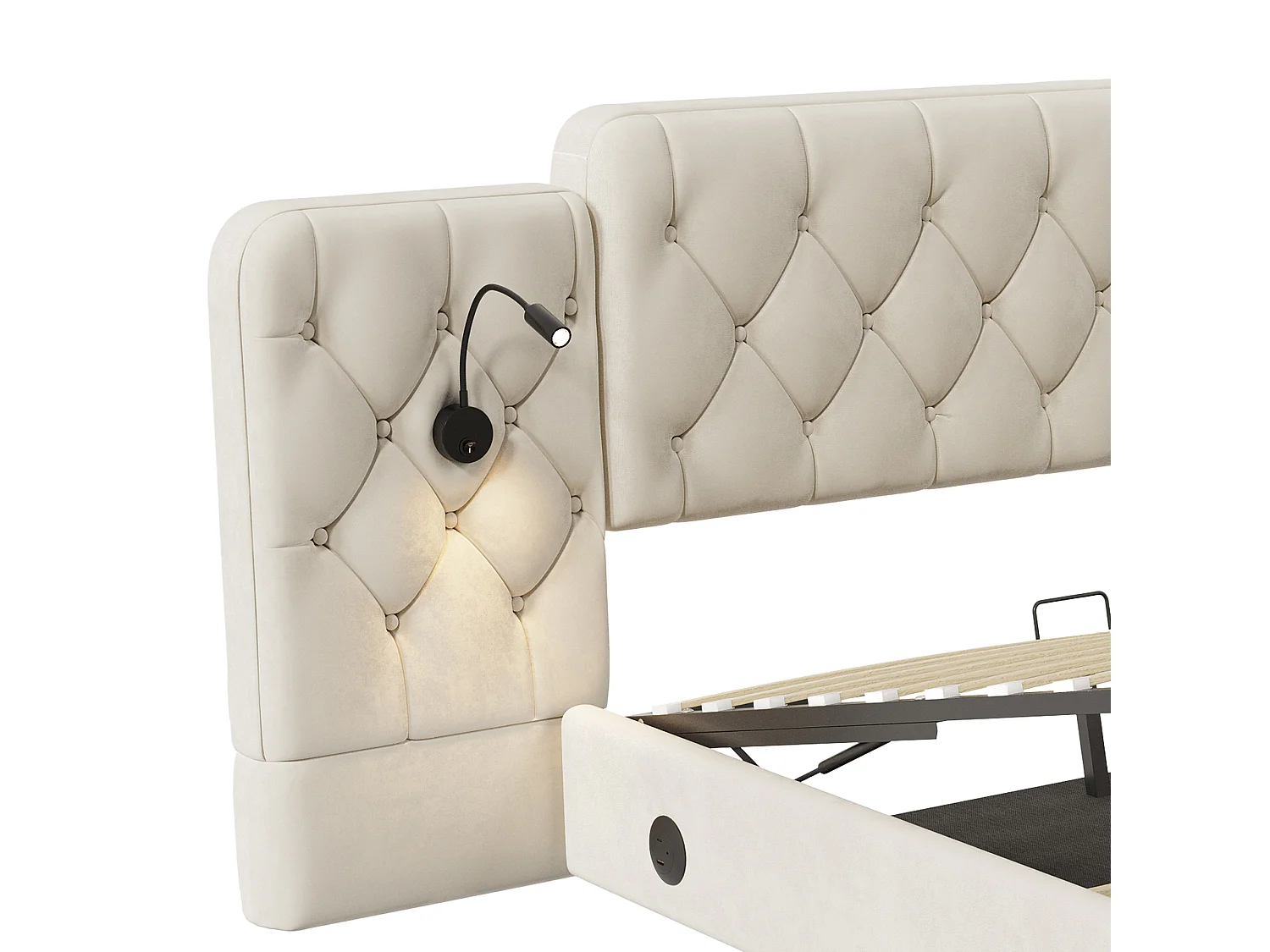 Bett mit Stauraum 160x200 cm – Erwachsenenbett mit Leselampe und USB-Anschlüssen – beiger Samt – ohne Matratze