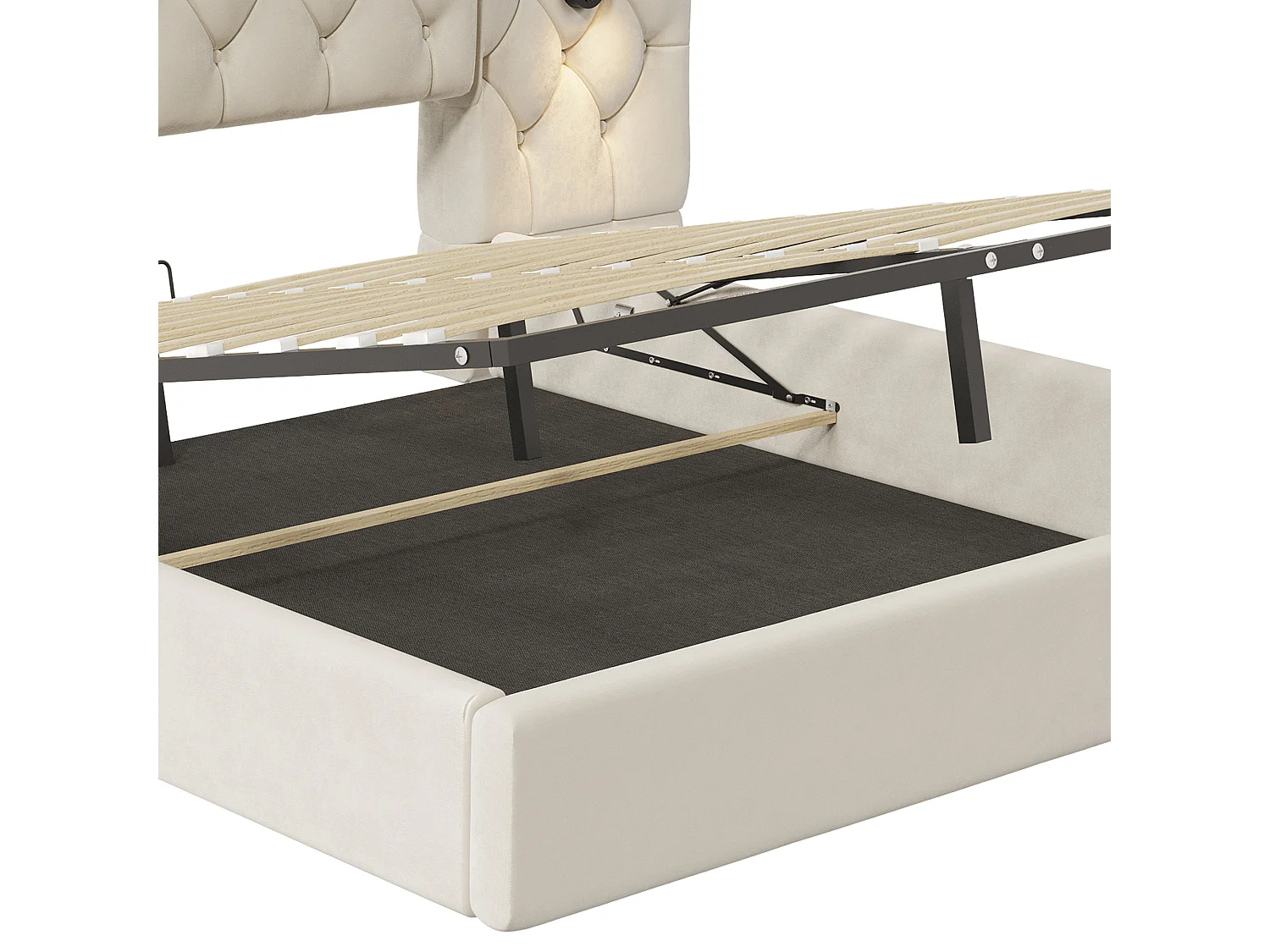 Bett mit Stauraum 160x200 cm – Erwachsenenbett mit Leselampe und USB-Anschlüssen – beiger Samt – ohne Matratze