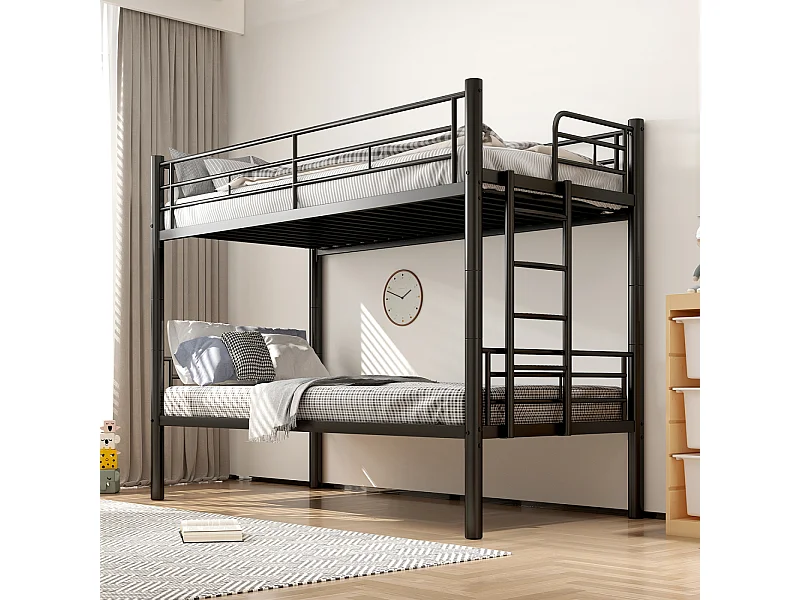 Etagenbett 90x200cm – mit Sicherheitsgeländer und Treppe – schwarzes Metall