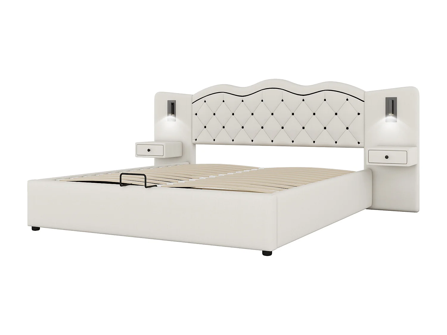 Opbergbed 180 x 200 cm - met hoofdbord met opbergruimte, lades, USB-poort - beige