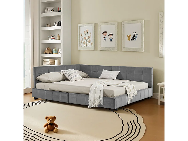Lit banquette 160x200cm - Lit adulte avec dossier et sommier à lattes - velours gris foncé - sans matelas