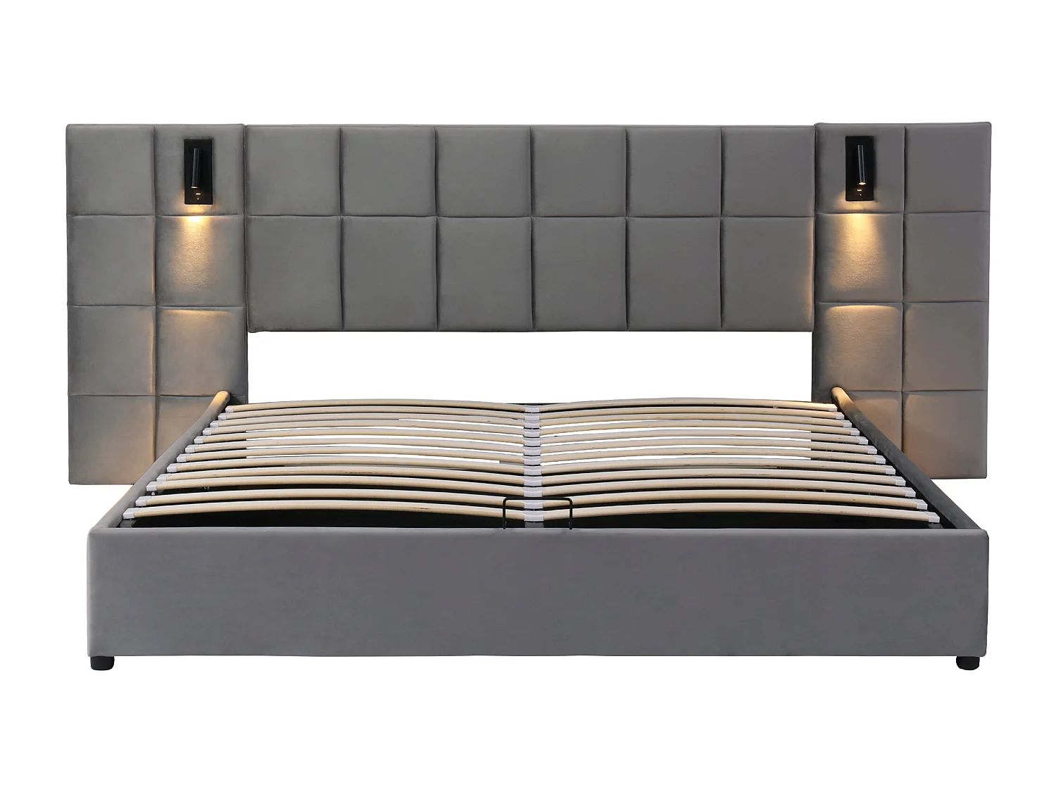 Lit coffre 140x200 cm - avec tête de lit, USB, sommier à lattes - en métal - gris - sans matelas