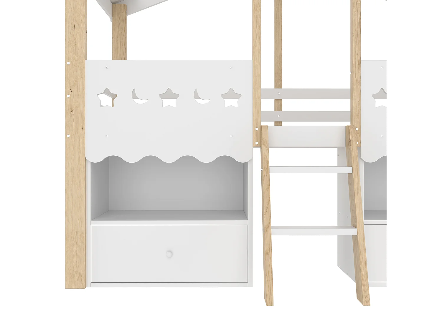 Lit mezzanine 90x200cm - Lit enfant avec 2 tiroirs et étagères, éclairage LED - blanc + naturel - sans matelas