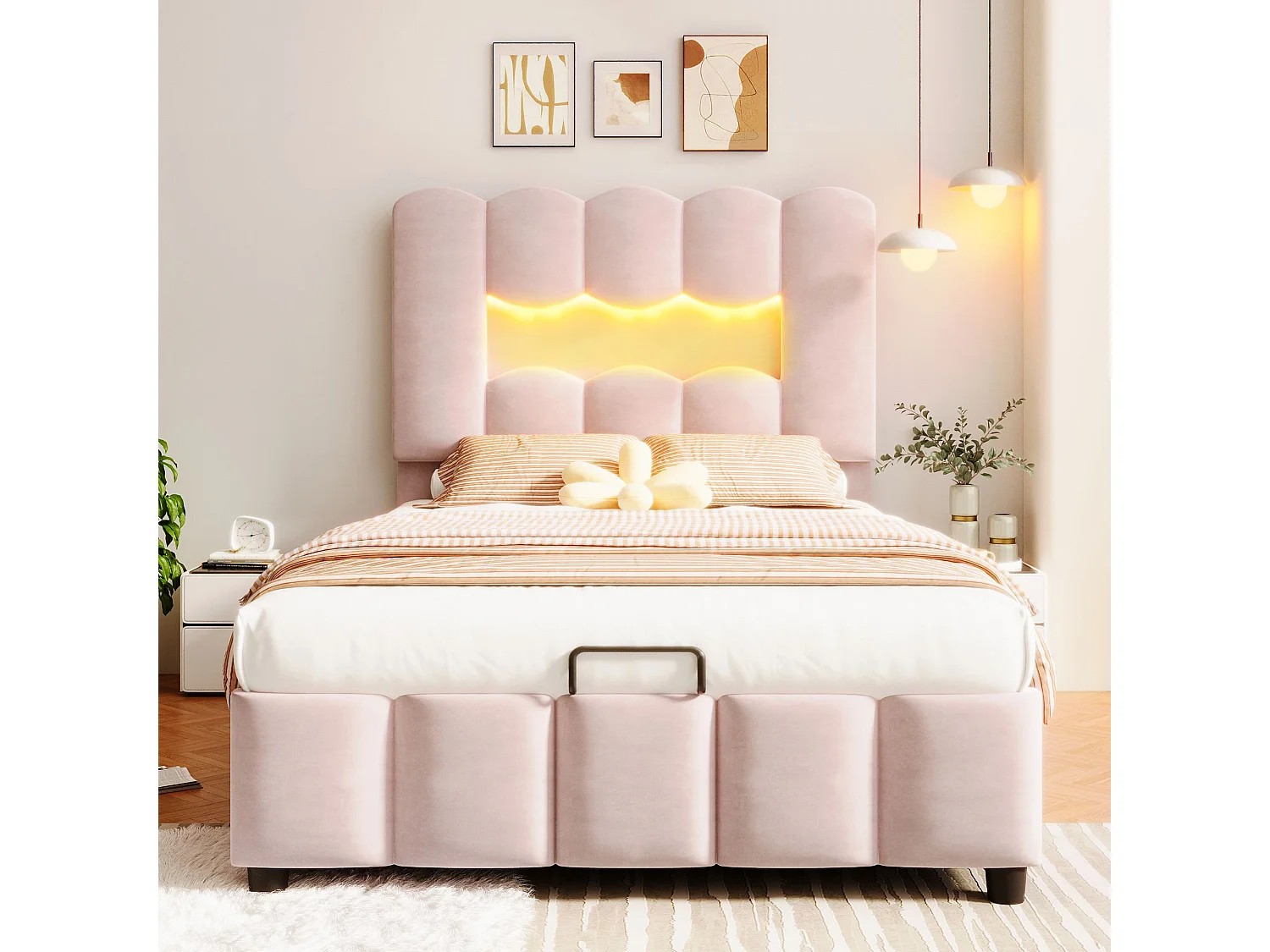 Lit coffre 90 x 200 cm - Lit enfant avec éclairage LED et tête de lit réglable - velours rose - matelas non inclus