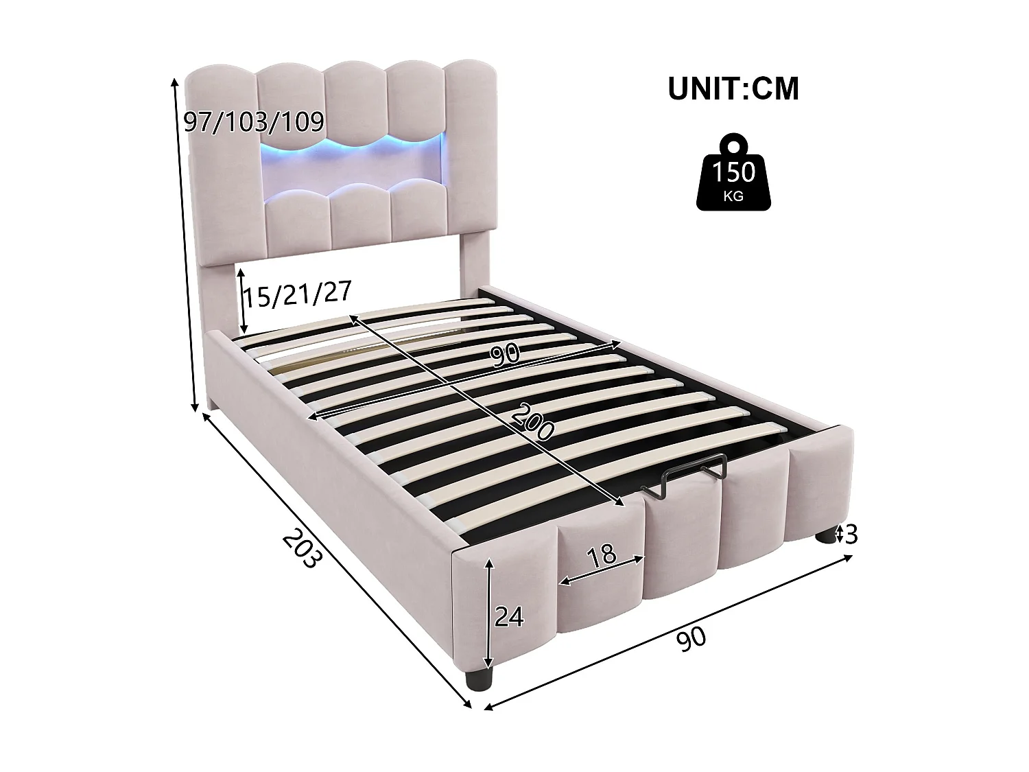 Lit coffre 90 x 200 cm - Lit enfant avec éclairage LED et tête de lit réglable - velours rose - matelas non inclus