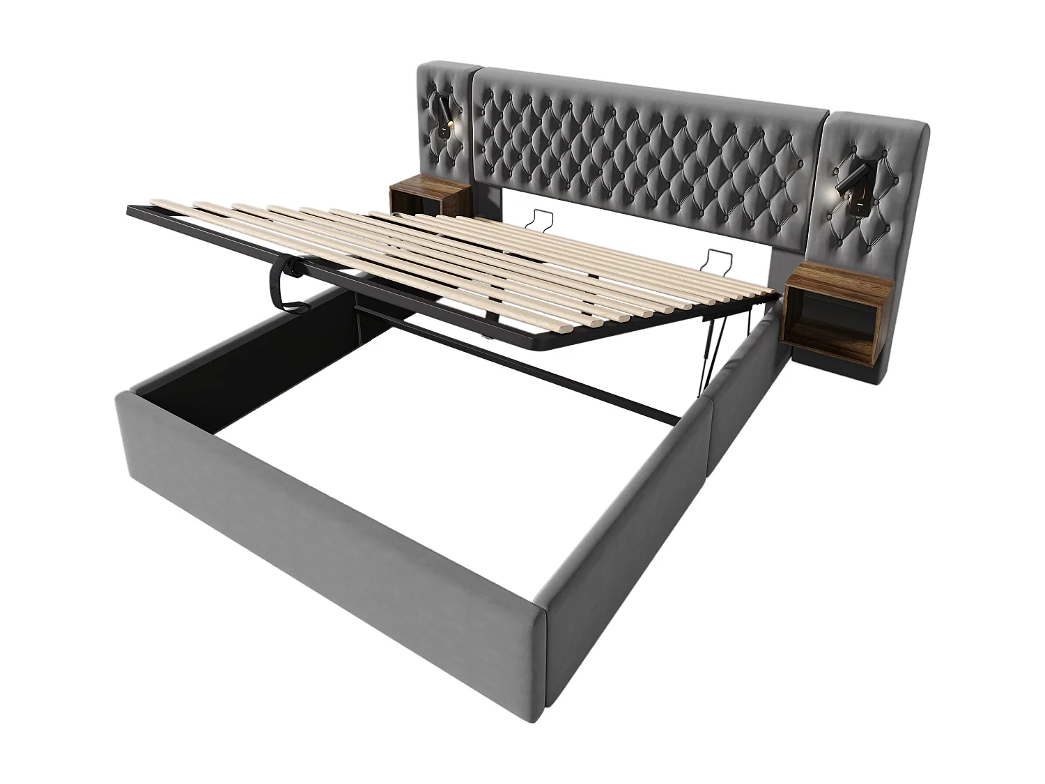 Lit coffre 160x200 cm - Lit adulte avec table de chevet, lampe de lecture et port USB - velours gris - sans matelas