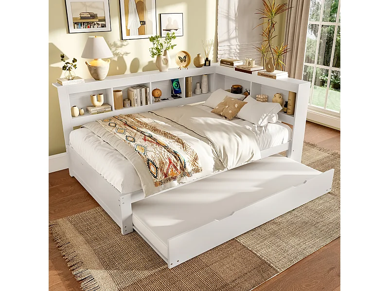 Tagesbett 140x200 cm – Kinderbett mit Ausziehbett und Lattenrost – Weiß – ohne Matratze