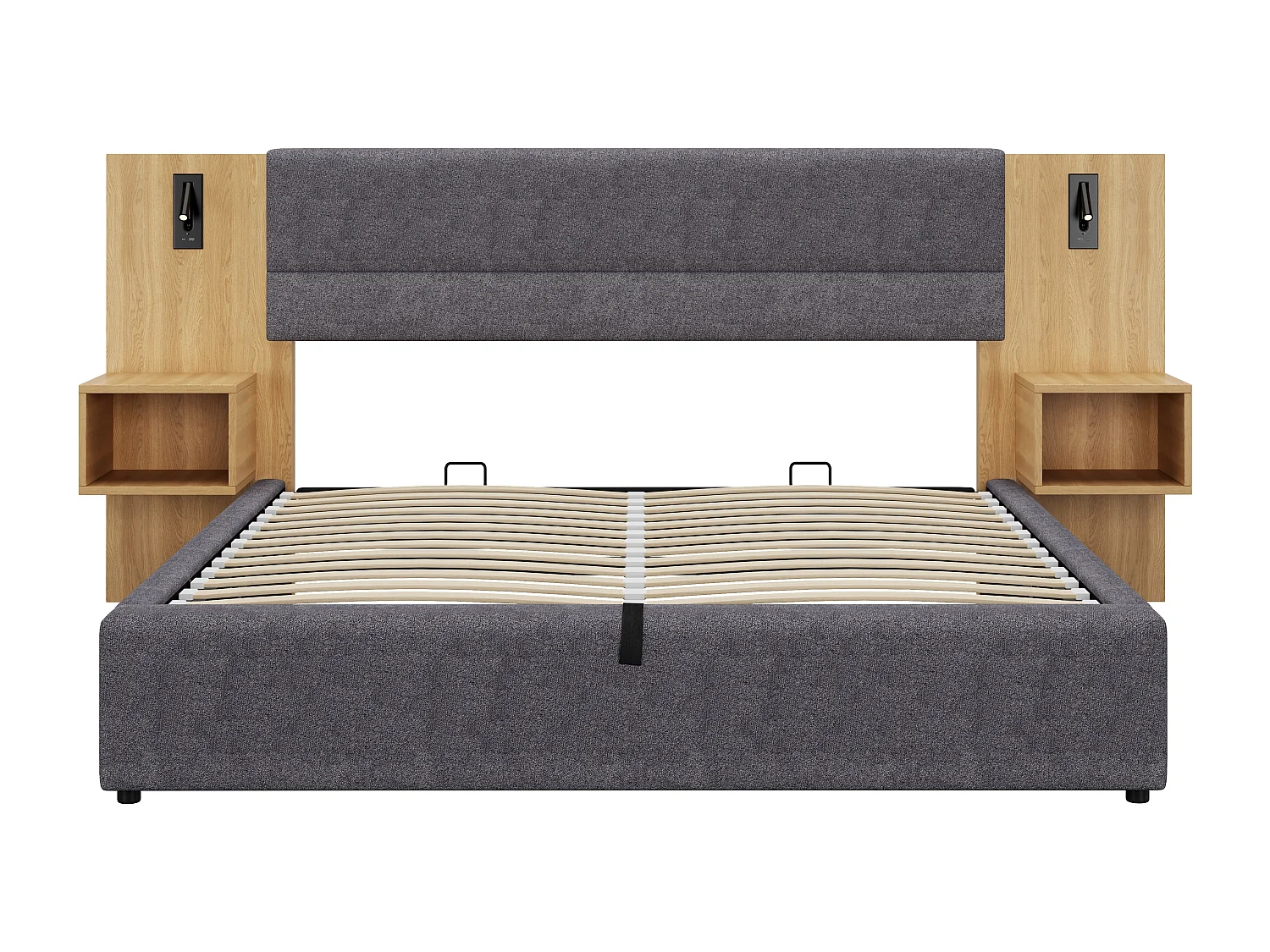 Lit coffre 180 x 200 cm - avec USB, sommier à lattes - en velours - naturel + gris - sans matelas