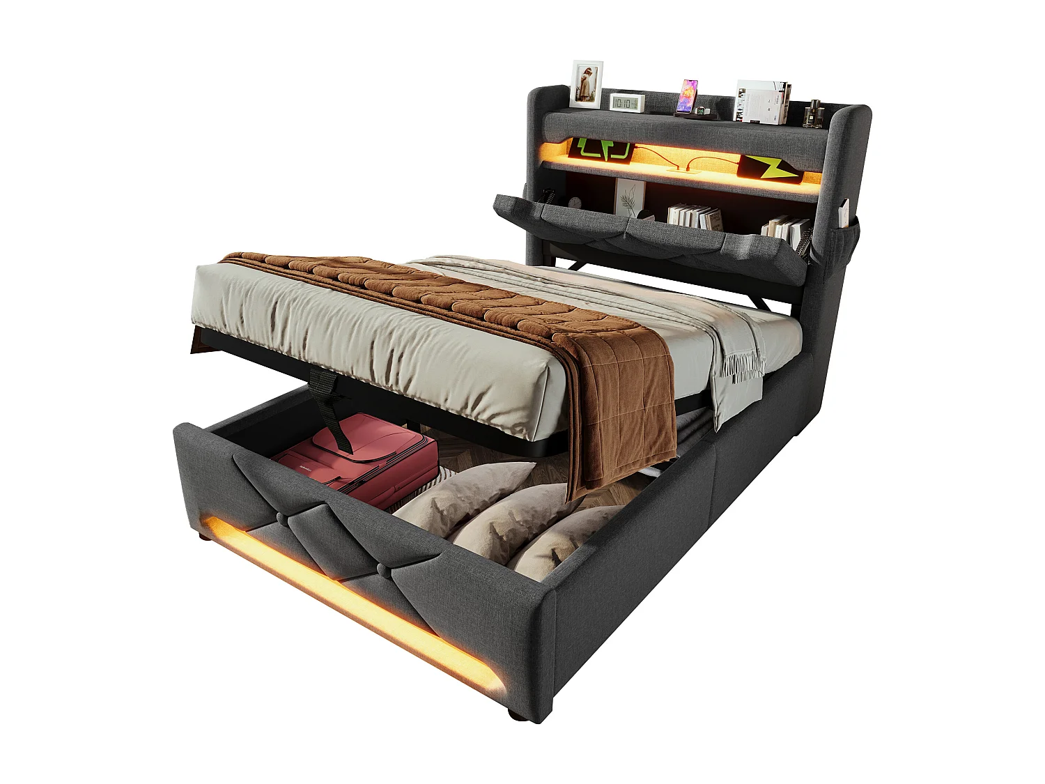 Łóżko z pojemnikiem 90x200 cm - z zagłówkiem ze złączem USB/typu C, oświetleniem LED 360° - szare, lniane - materac w cenie