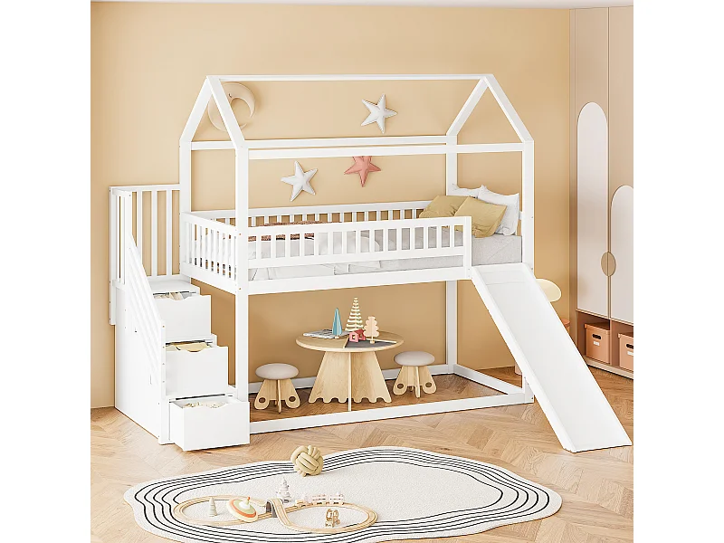 Letto a castello 90x200 cm - Letto per bambini con scaletta contenitore e scivolo - bianco - materasso non incluso