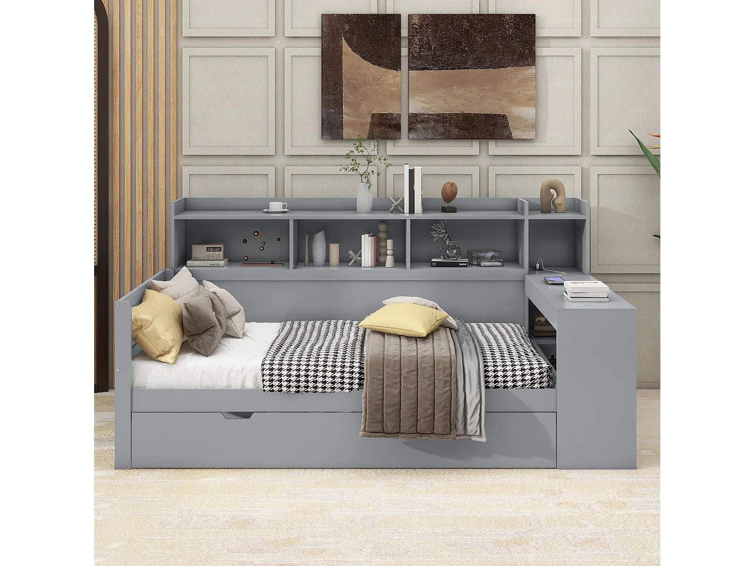 Lit enfant 90 x 200 cm - avec 2 tiroirs et un bureau - gris - sans matelas