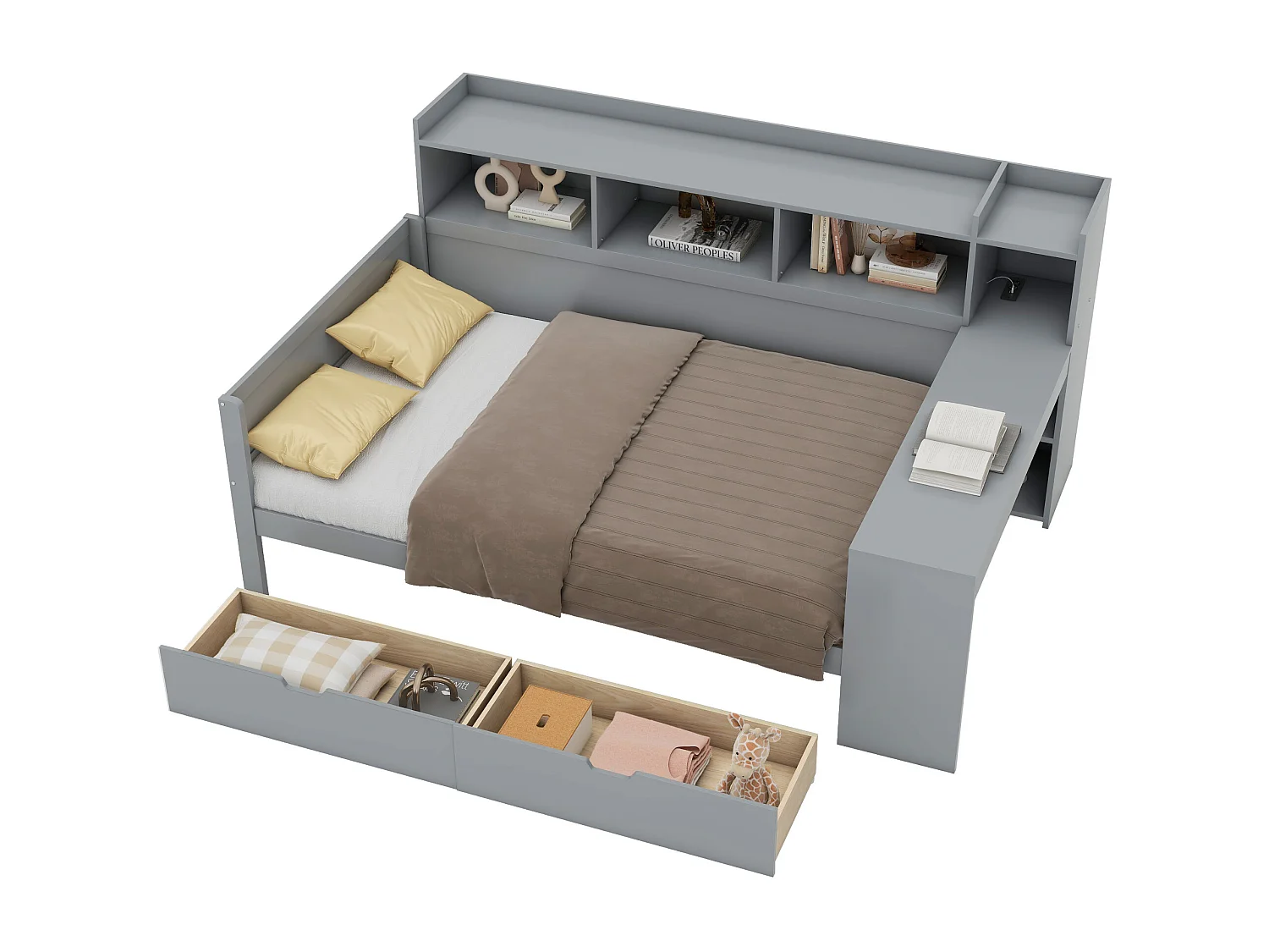 Lit enfant 90 x 200 cm - avec 2 tiroirs et un bureau - gris - sans matelas