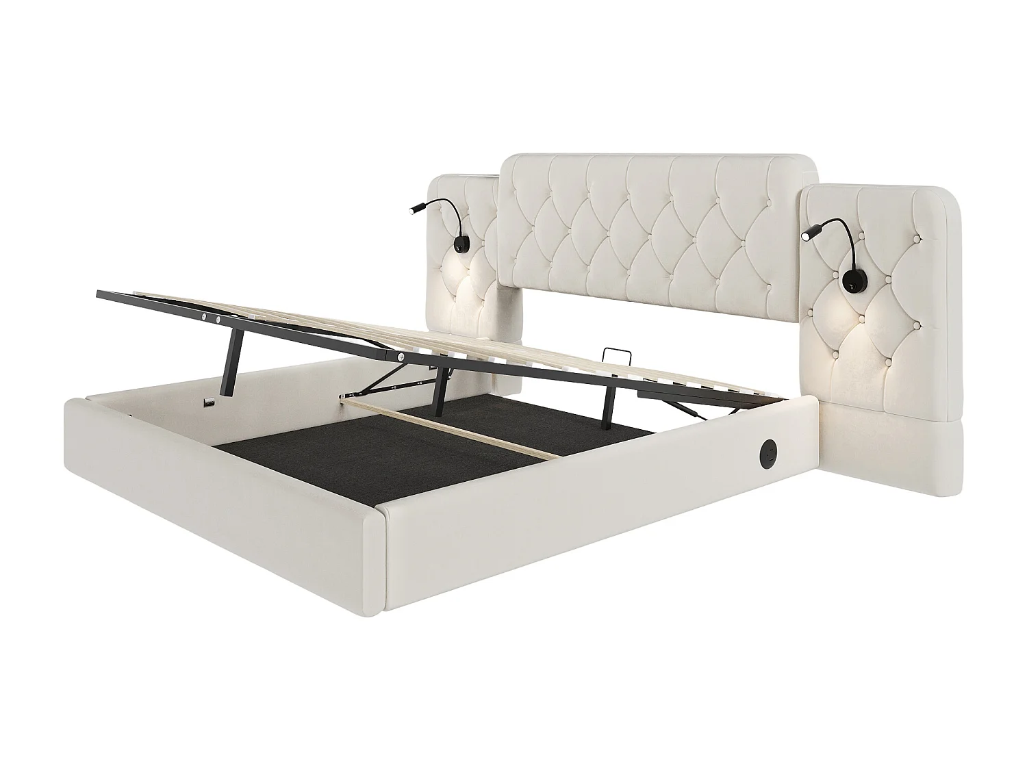 Lit coffre 180x200 cm - Lit adulte avec lampe de lecture et ports USB - velours beige - sans matelas