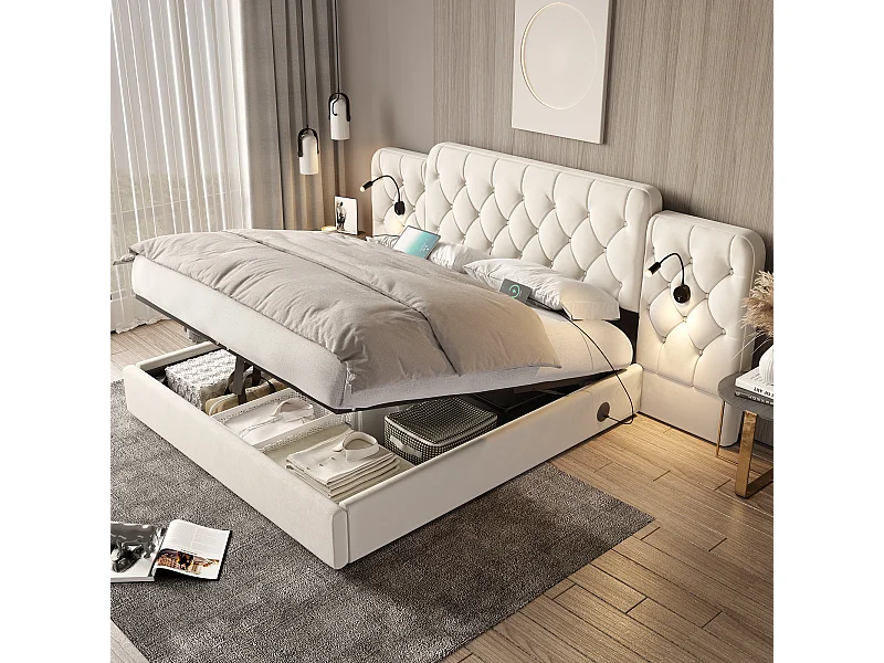 Lit coffre 180x200 cm - Lit adulte avec lampe de lecture et ports USB - velours beige - sans matelas