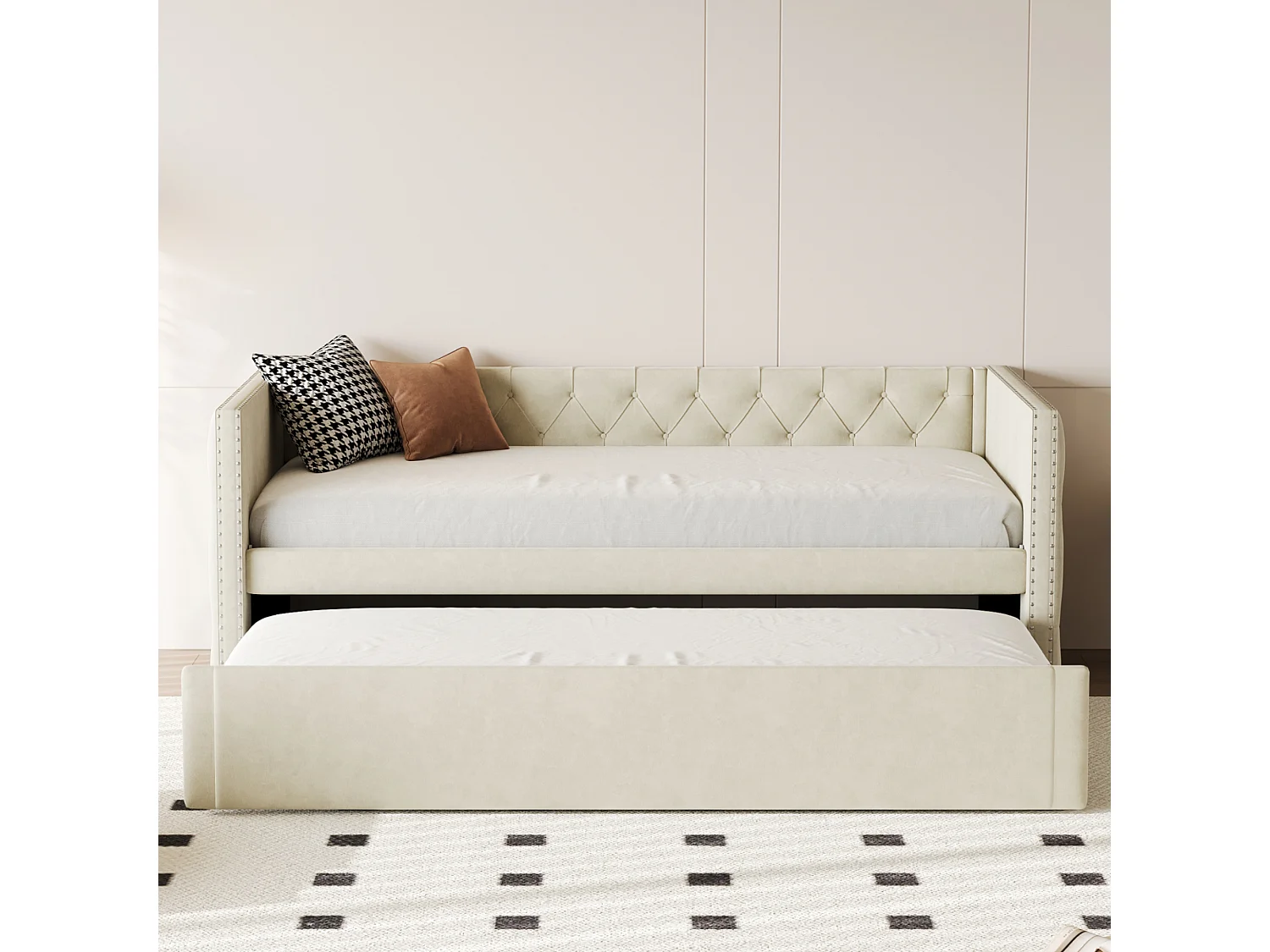 Lit banquette 90x200 cm - Lit enfant avec lit gigogne et sommier à lattes - velours beige - sans matelas