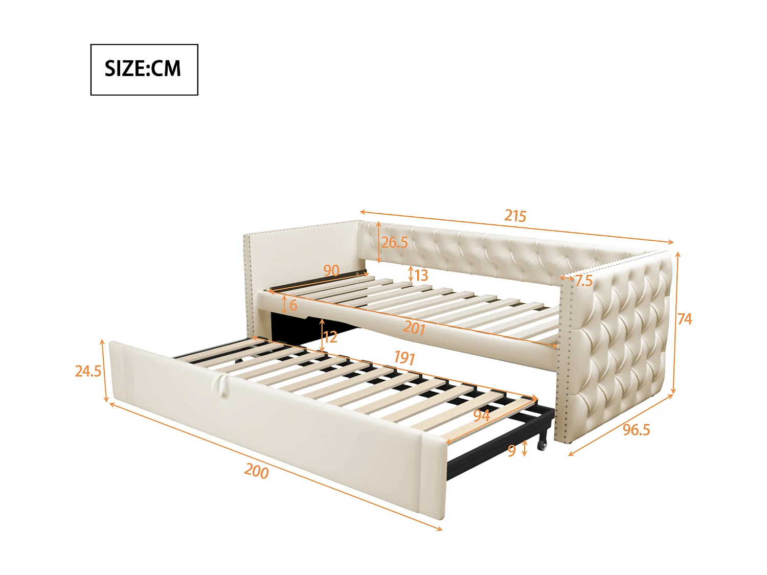 Lit banquette 90x200 cm - Lit enfant avec lit gigogne et sommier à lattes - velours beige - sans matelas