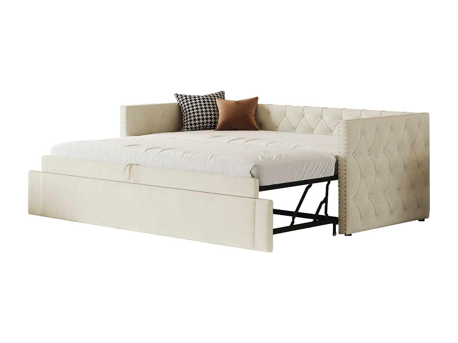 Lit banquette 90x200 cm - Lit enfant avec lit gigogne et sommier à lattes - velours beige - sans matelas