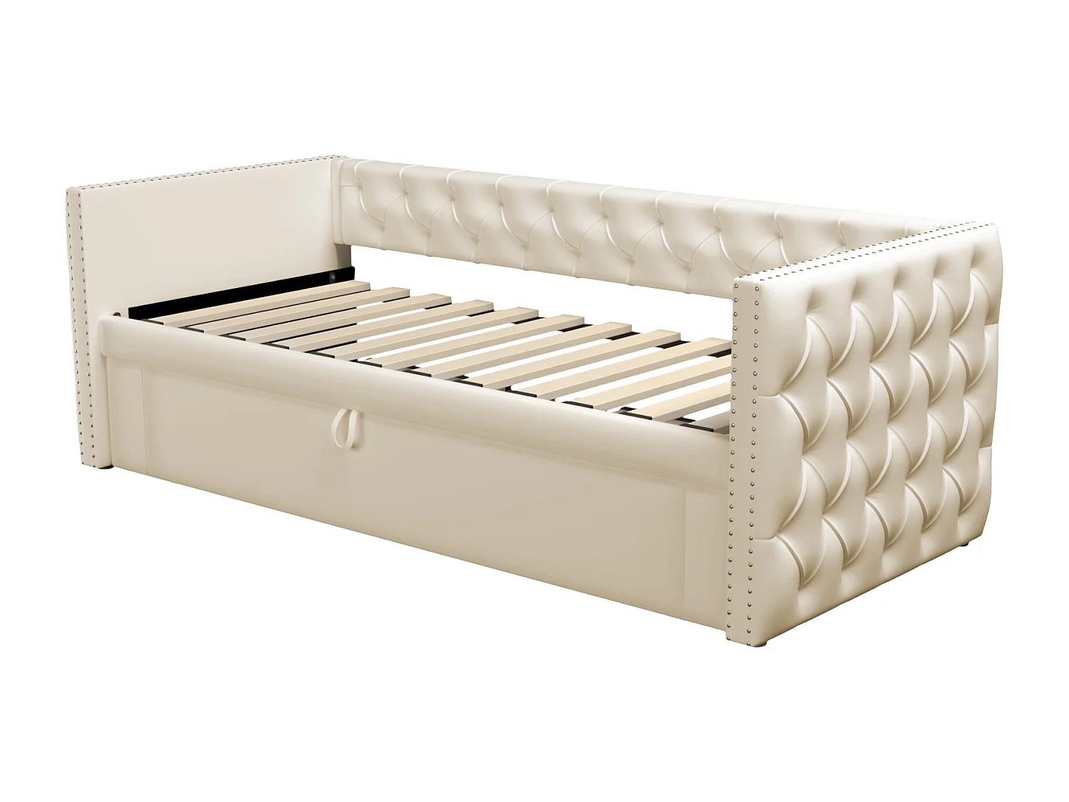 Lit banquette 90x200 cm - Lit enfant avec lit gigogne et sommier à lattes - velours beige - sans matelas