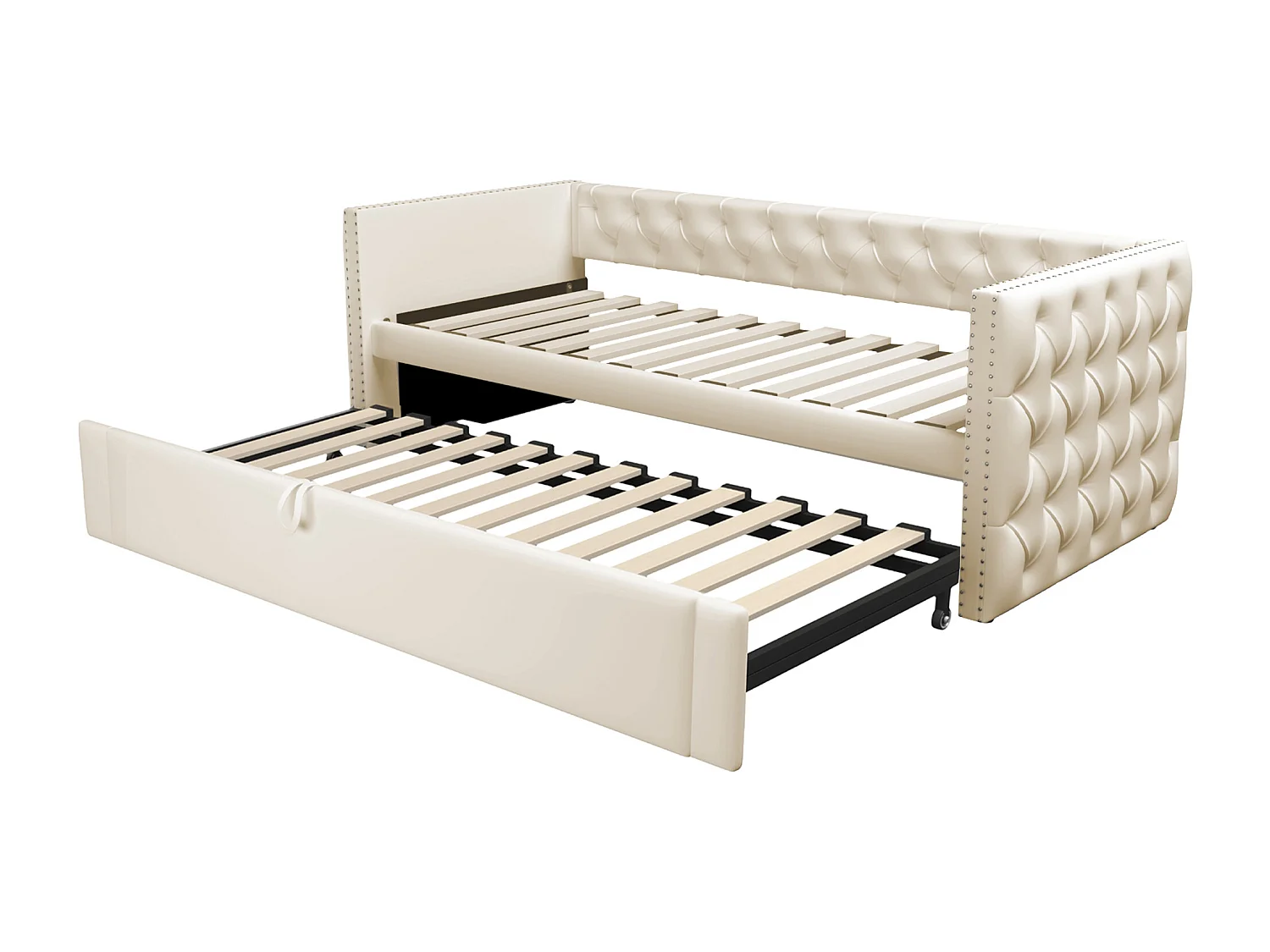 Lit banquette 90x200 cm - Lit enfant avec lit gigogne et sommier à lattes - velours beige - sans matelas