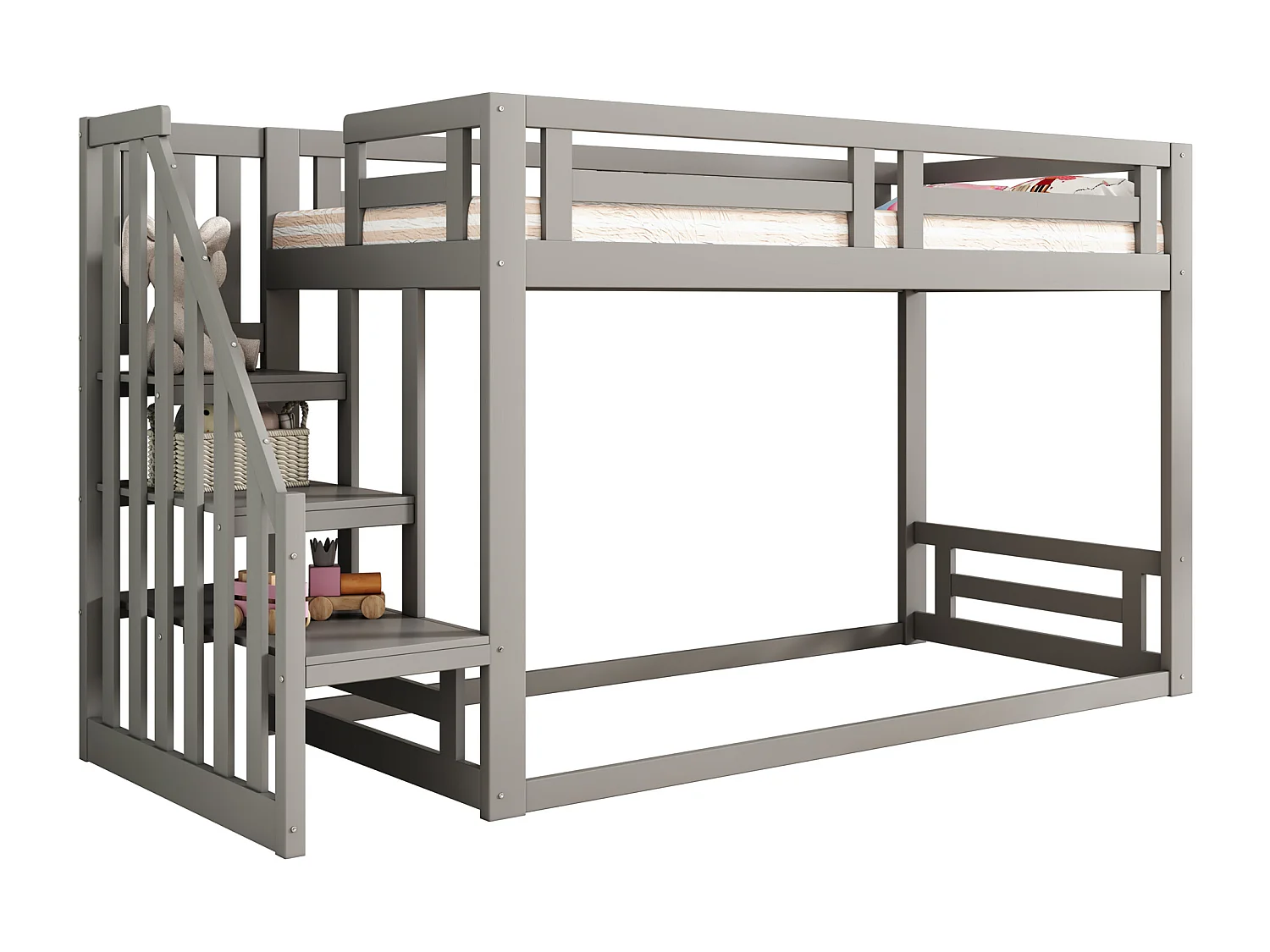 Lit superposé 90x200 cm - Lit enfant avec échelle et barrière de sécurité - bois gris - sans matelas