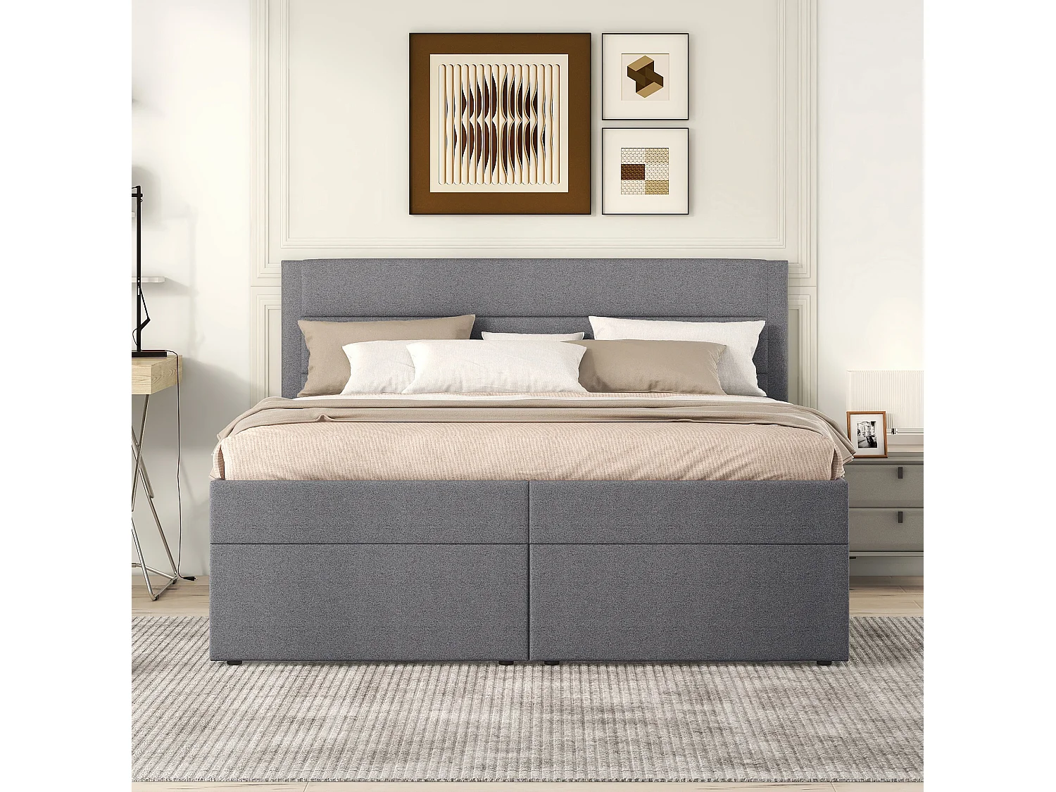 Lit adulte 140x200 - avec sommier à lattes et hydraulique - en lin - gris