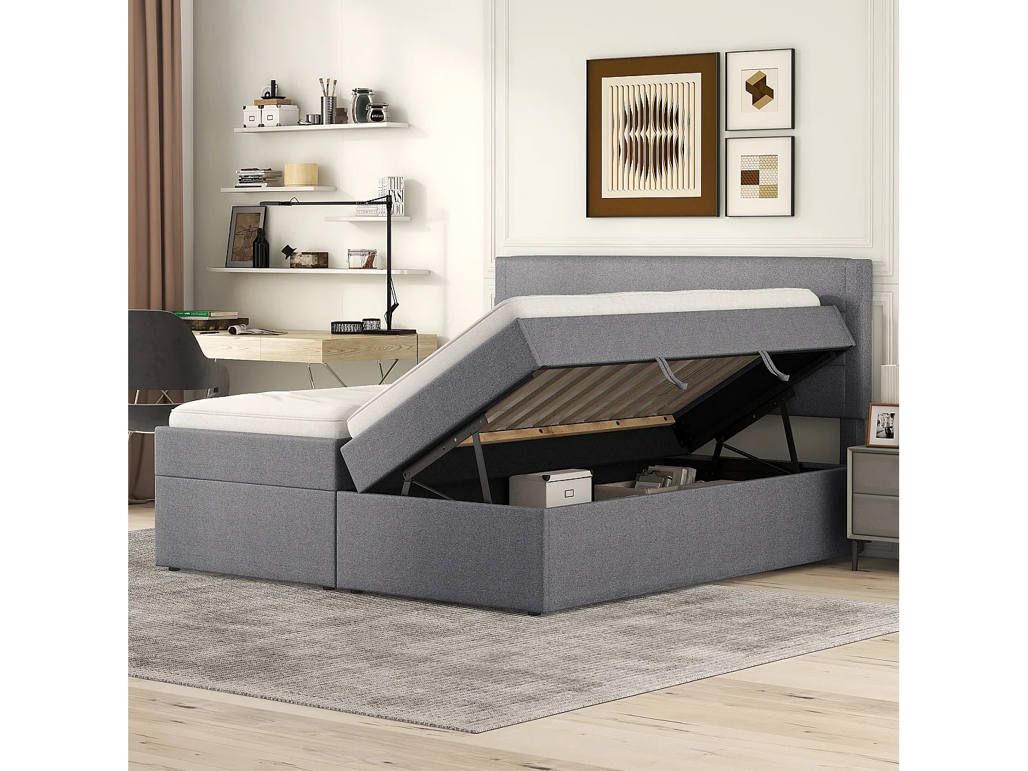 Lit adulte 140x200 - avec sommier à lattes et hydraulique - en lin - gris