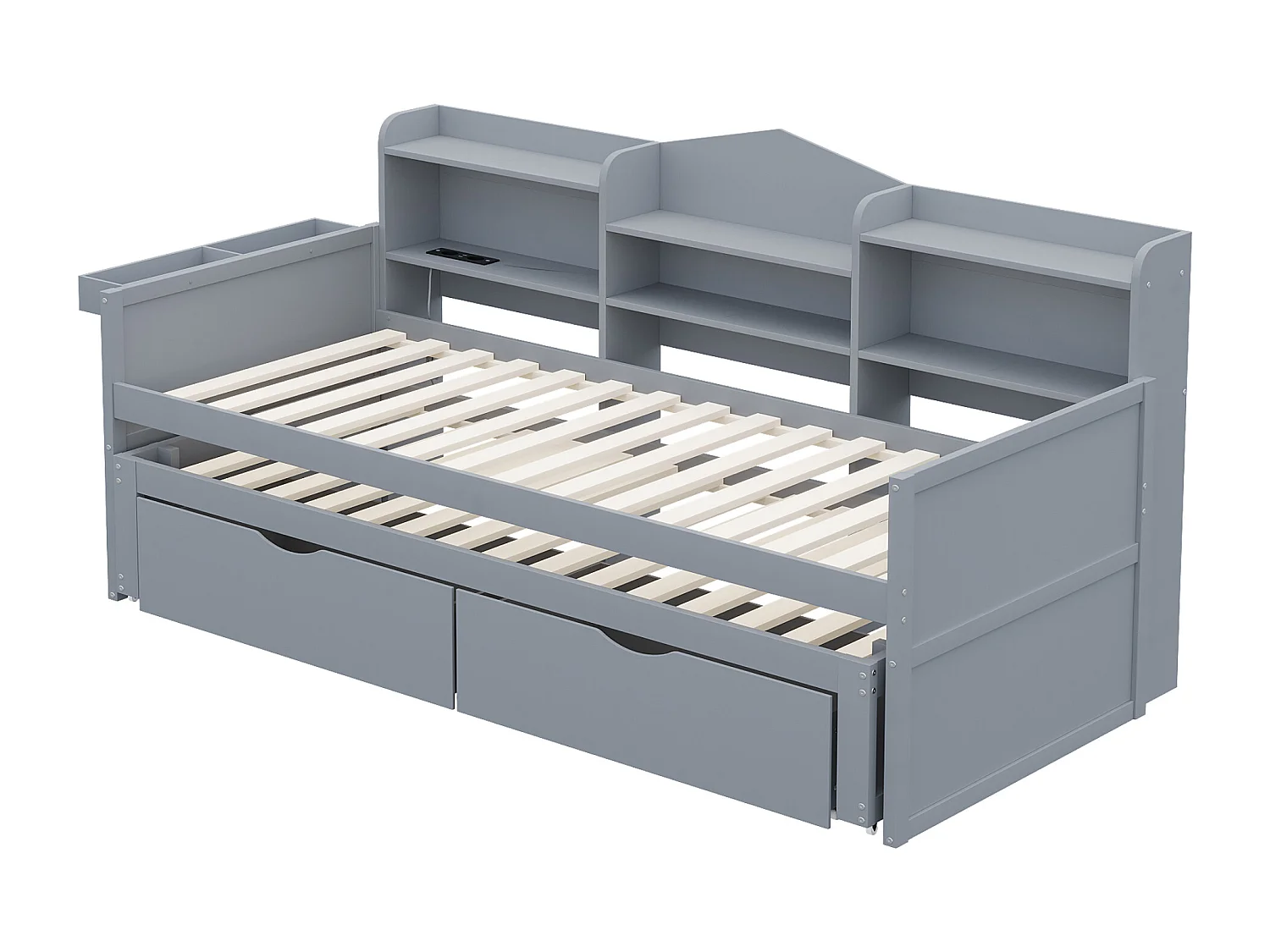 Lit enfant 90x200 cm - avec 2 tiroirs et un grand compartiment de rangement - gris