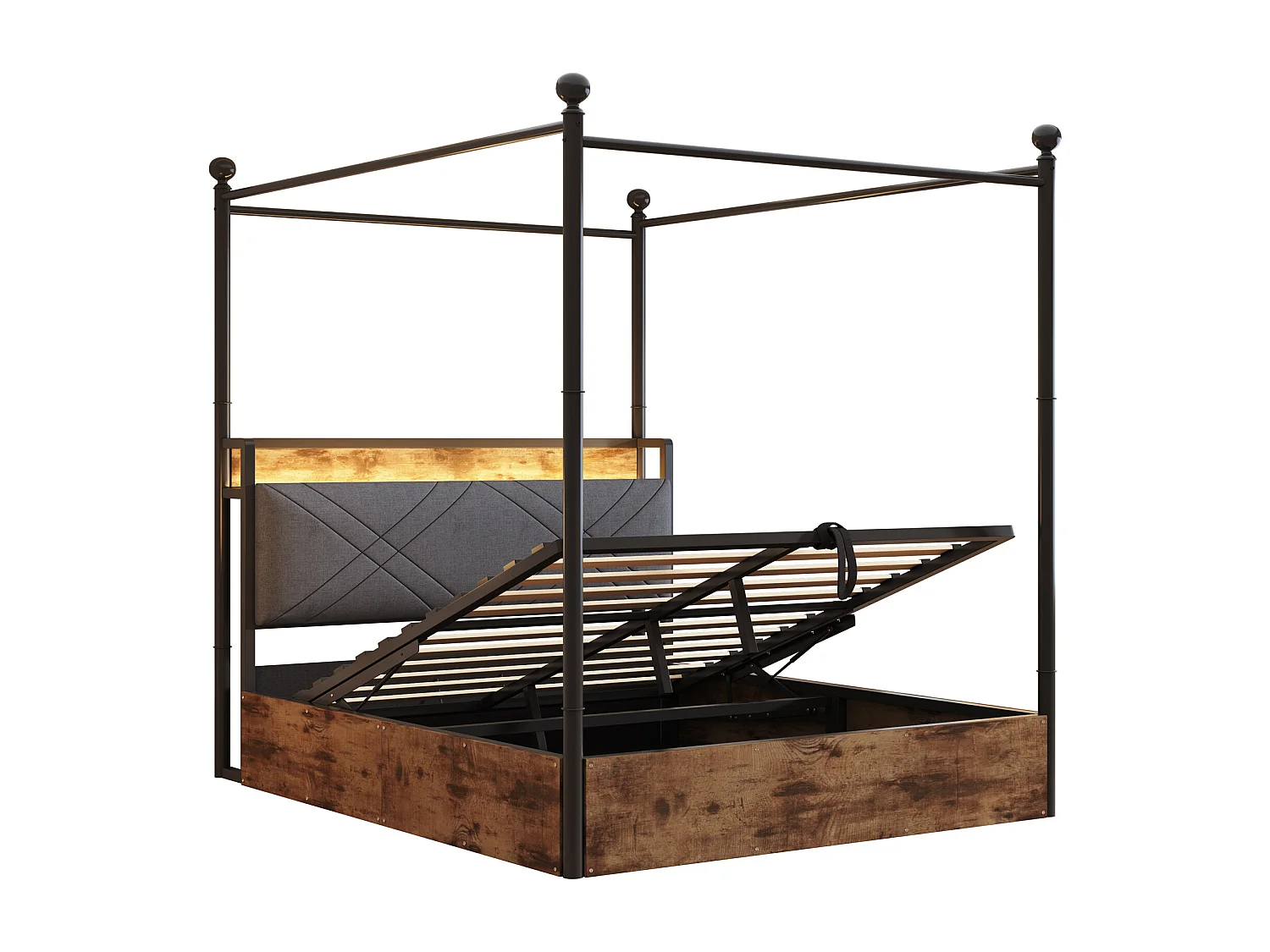 Opbergbed 140x190 cm - Volwassenenbed met ledverlichting en USB-poort, hoofdeinde en 2 lades - metaal - zwart - matras niet inbegrepen