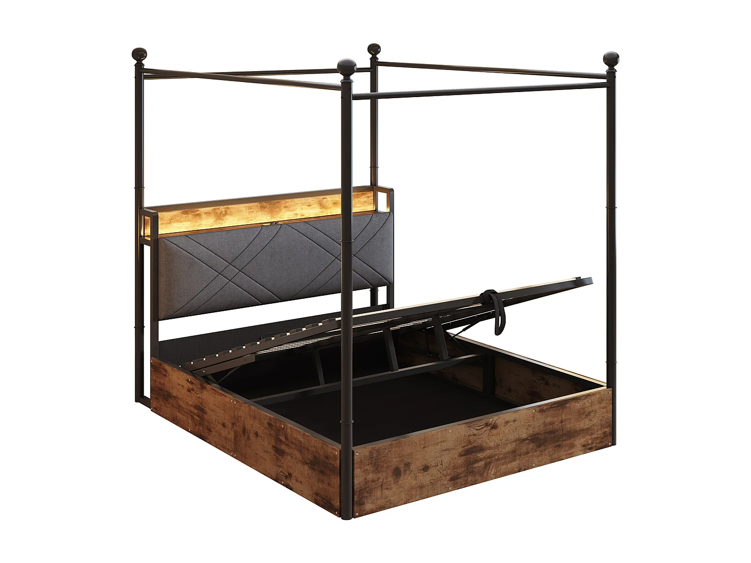 Opbergbed 140x190 cm - Volwassenenbed met ledverlichting en USB-poort, hoofdeinde en 2 lades - metaal - zwart - matras niet inbegrepen