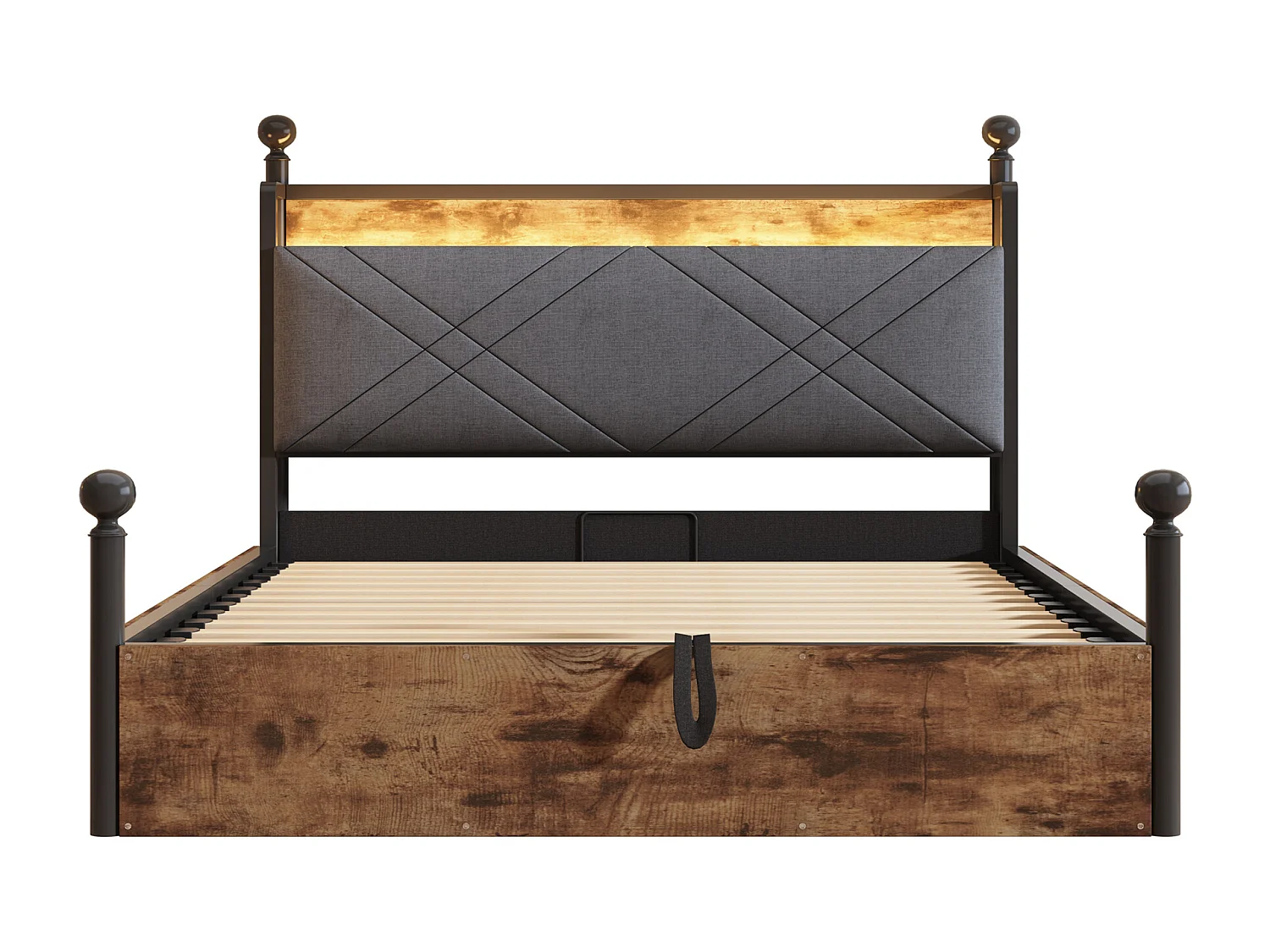 Opbergbed 140x190 cm - Volwassenenbed met ledverlichting en USB-poort, hoofdeinde en 2 lades - metaal - zwart - matras niet inbegrepen