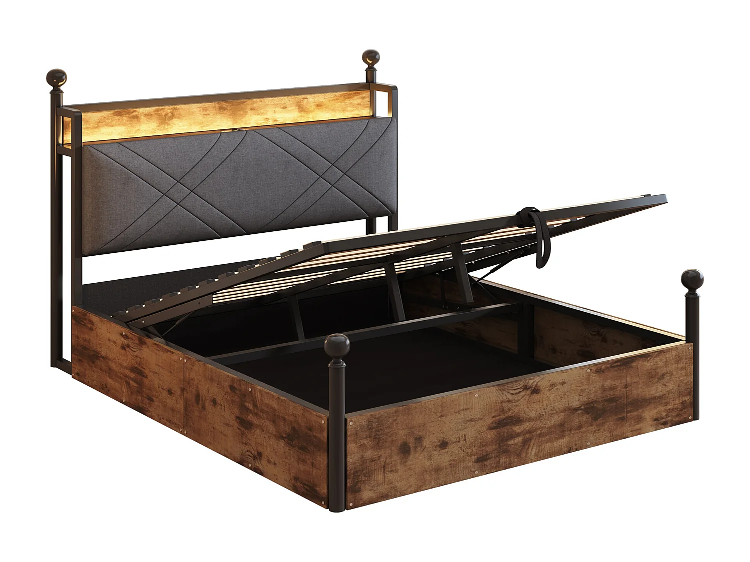 Opbergbed 140x190 cm - Volwassenenbed met ledverlichting en USB-poort, hoofdeinde en 2 lades - metaal - zwart - matras niet inbegrepen