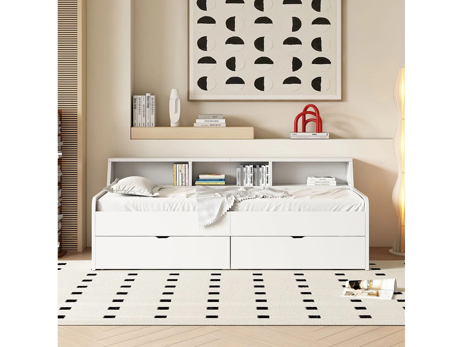 Lit enfant 90x200 cm - avec 2 tiroirs et étagères - blanc - sans matelas