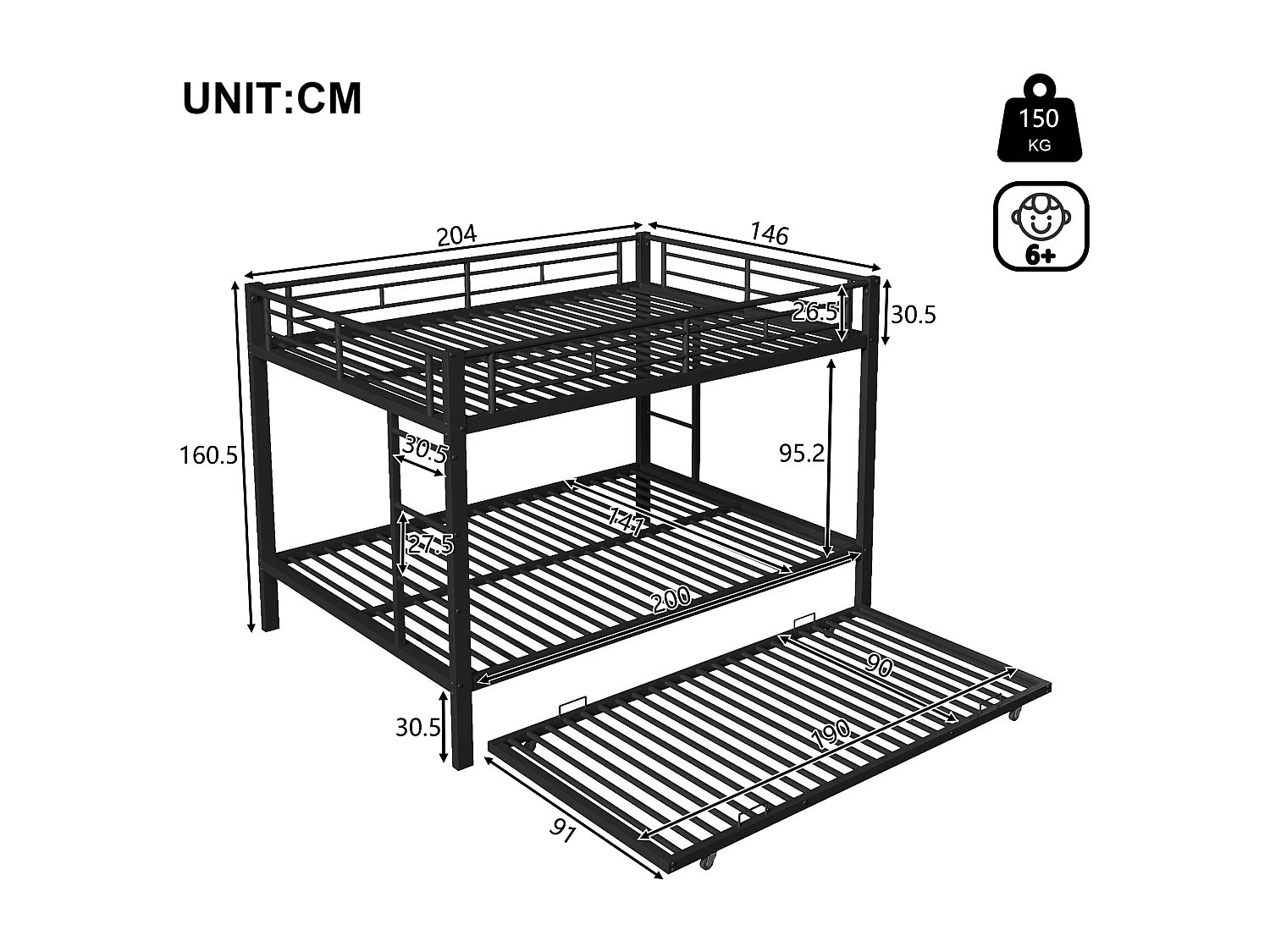 Beliche 140x200 cm - Cama de criança com cama auxiliar e estrado de ripas - metal preto - colchão não incluído