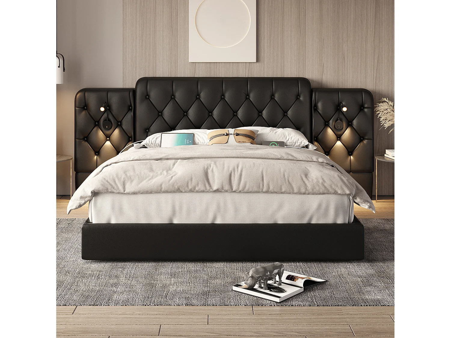 Lit coffre 180x200 cm - Lit adulte avec lampe de lecture et ports USB - PU noir - sans matelas