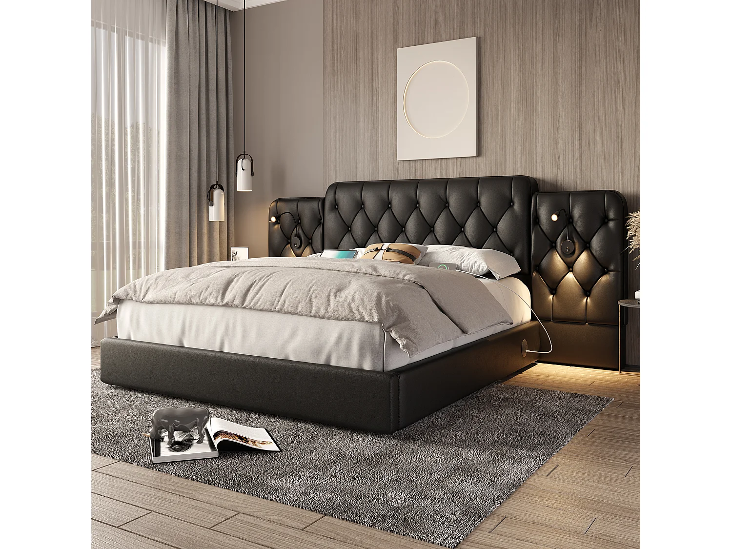 Lit coffre 180x200 cm - Lit adulte avec lampe de lecture et ports USB - PU noir - sans matelas
