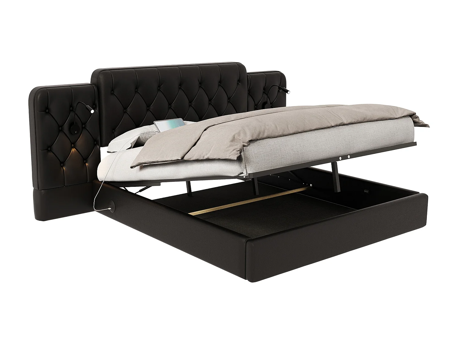 Lit coffre 180x200 cm - Lit adulte avec lampe de lecture et ports USB - PU noir - sans matelas