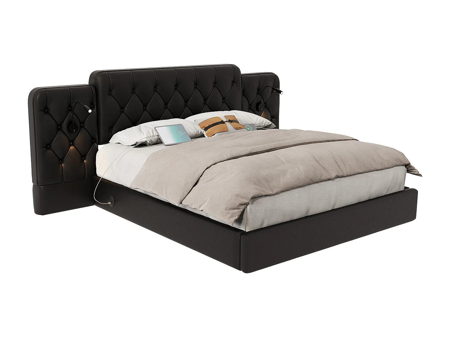 Lit coffre 180x200 cm - Lit adulte avec lampe de lecture et ports USB - PU noir - sans matelas