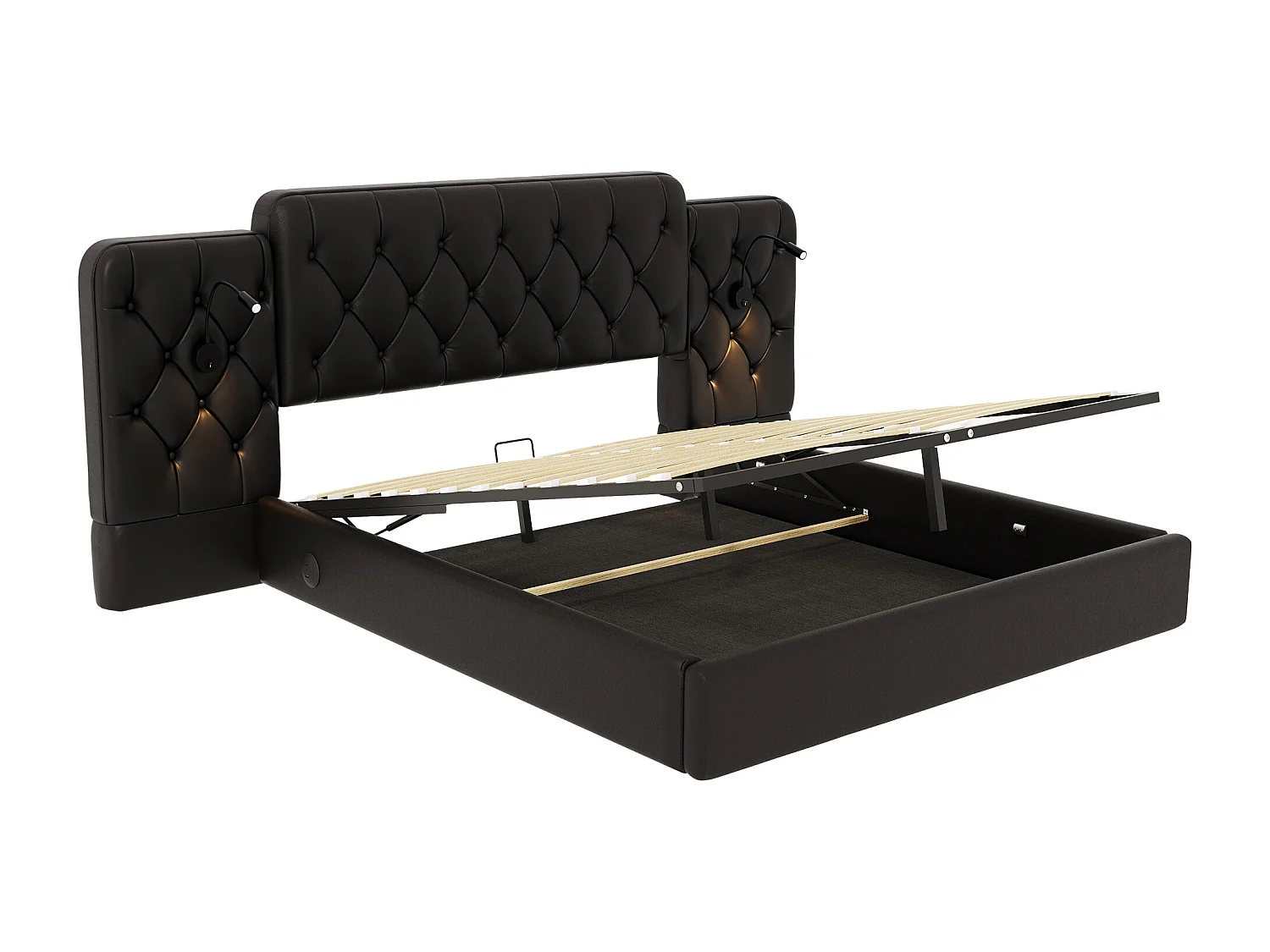 Lit coffre 180x200 cm - Lit adulte avec lampe de lecture et ports USB - PU noir - sans matelas