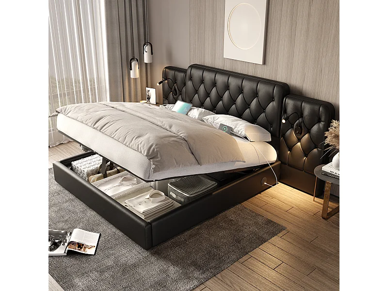 Letto contenitore 180x200 cm - Letto per adulti con lampada da lettura e porte USB - PU nero - senza materasso