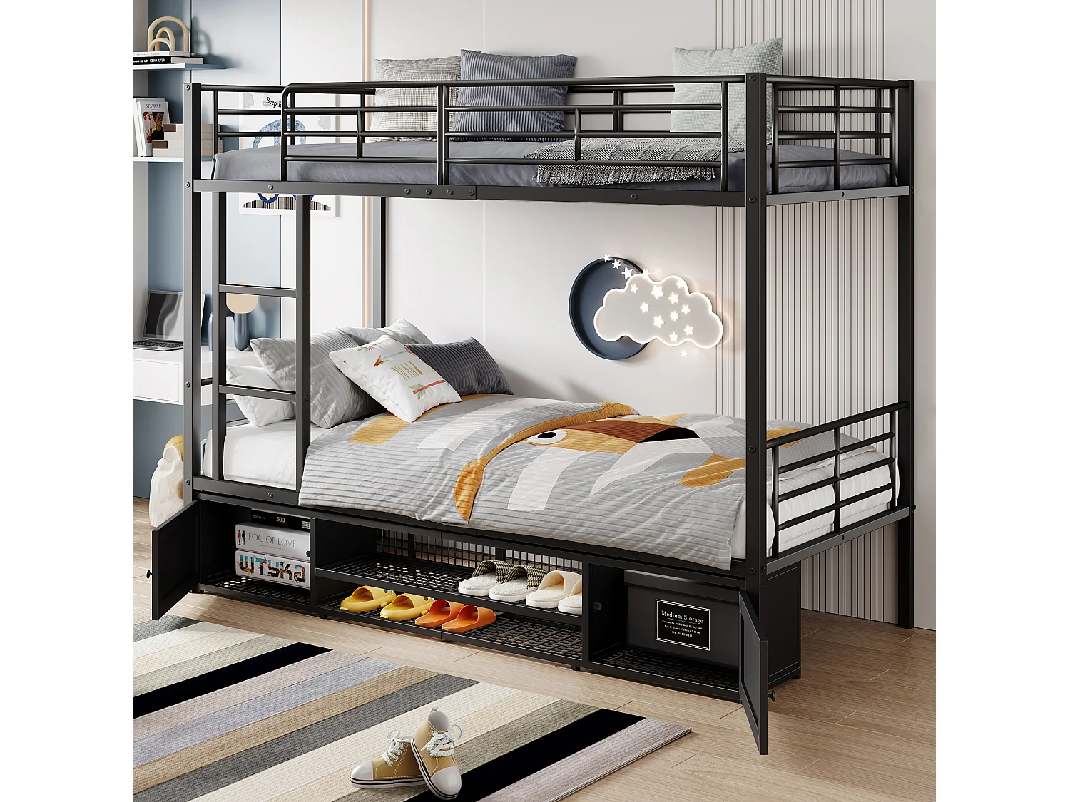 Letto a castello 90x200 cm - con ripiani portascarpe, rete a doghe - in metallo - nero - materasso non incluso