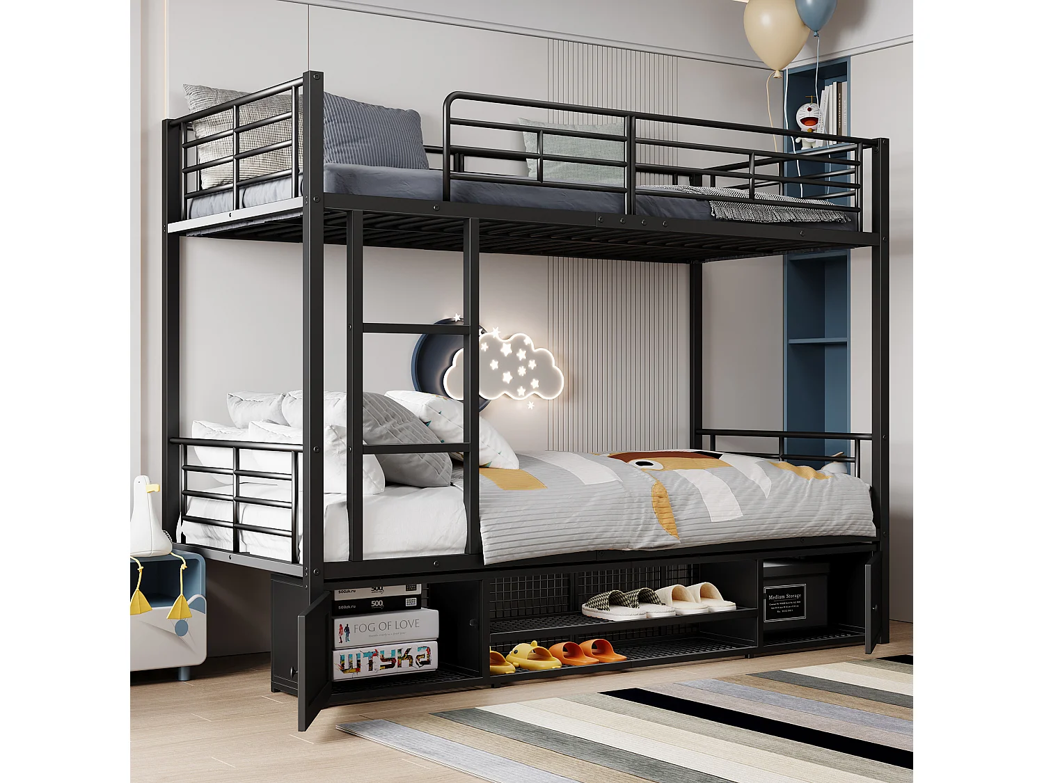 Letto a castello 90x200 cm - con ripiani portascarpe, rete a doghe - in metallo - nero - materasso non incluso