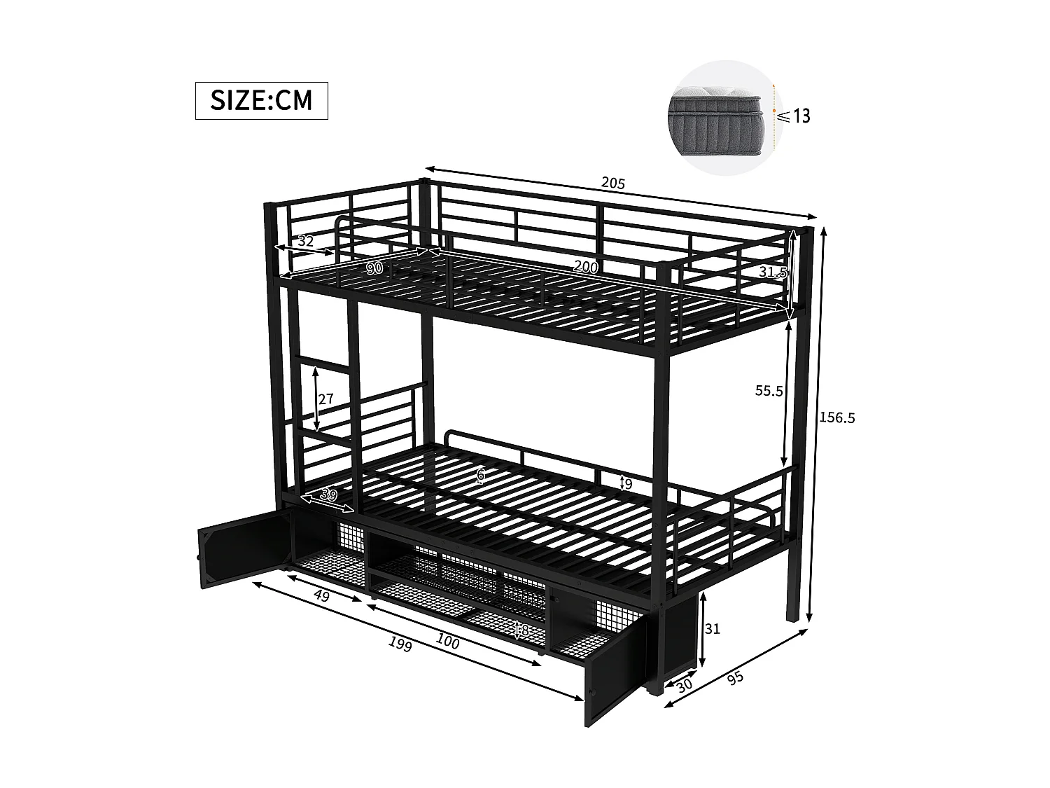 Letto a castello 90x200 cm - con ripiani portascarpe, rete a doghe - in metallo - nero - materasso non incluso