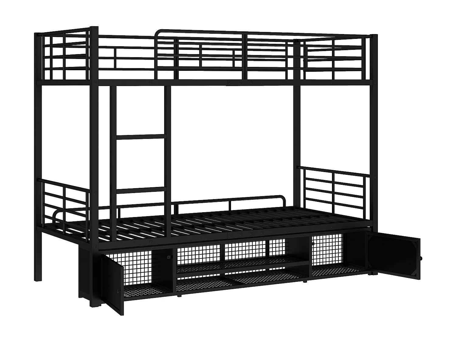 Letto a castello 90x200 cm - con ripiani portascarpe, rete a doghe - in metallo - nero - materasso non incluso