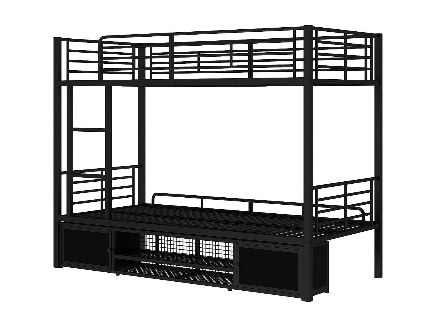 Letto a castello 90x200 cm - con ripiani portascarpe, rete a doghe - in metallo - nero - materasso non incluso