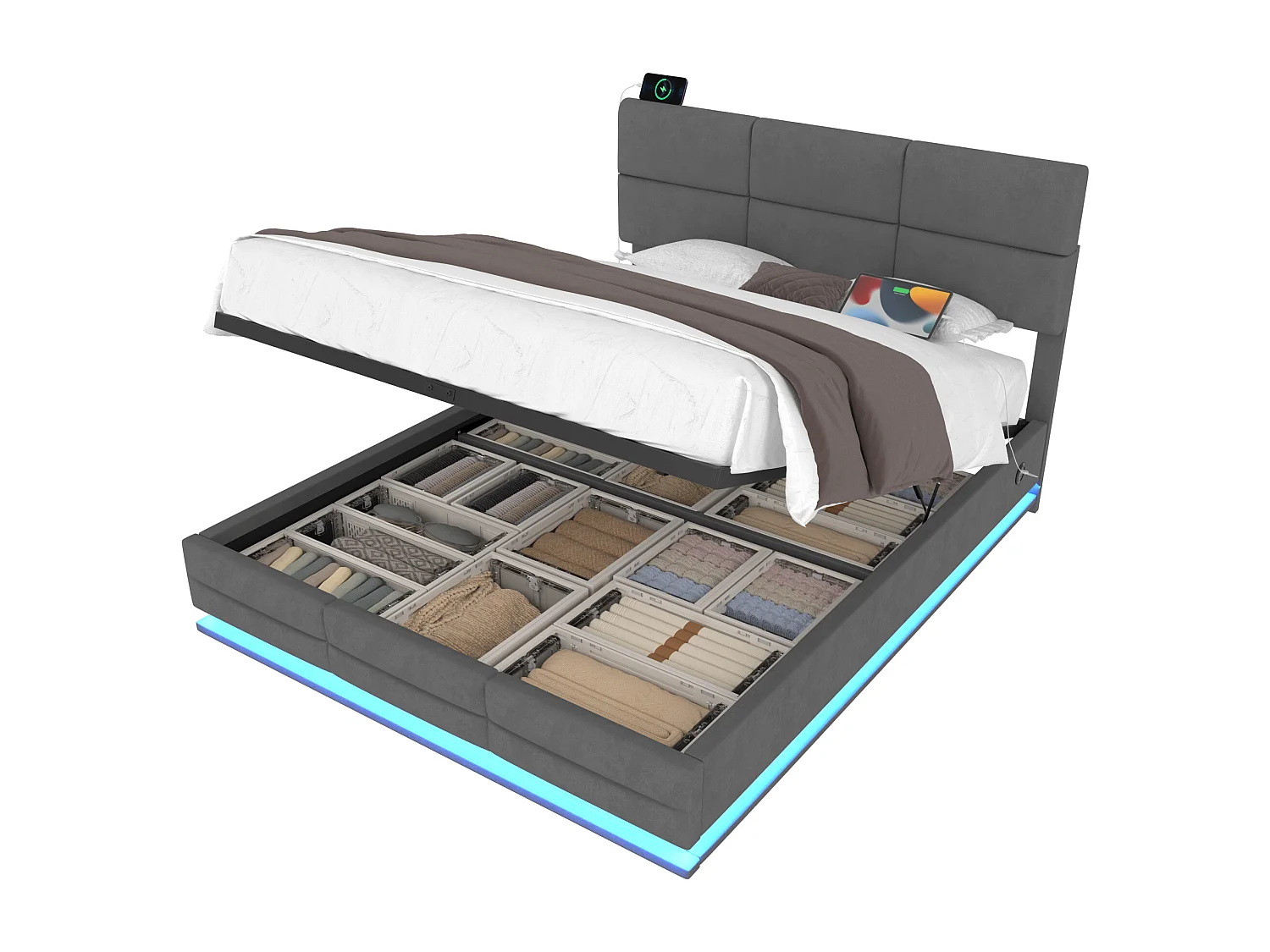 Lit coffre 160x200 cm - Lit adulte avec tête de lit réglable, lumière LED et port USB - velours - gris foncé - sans matelas